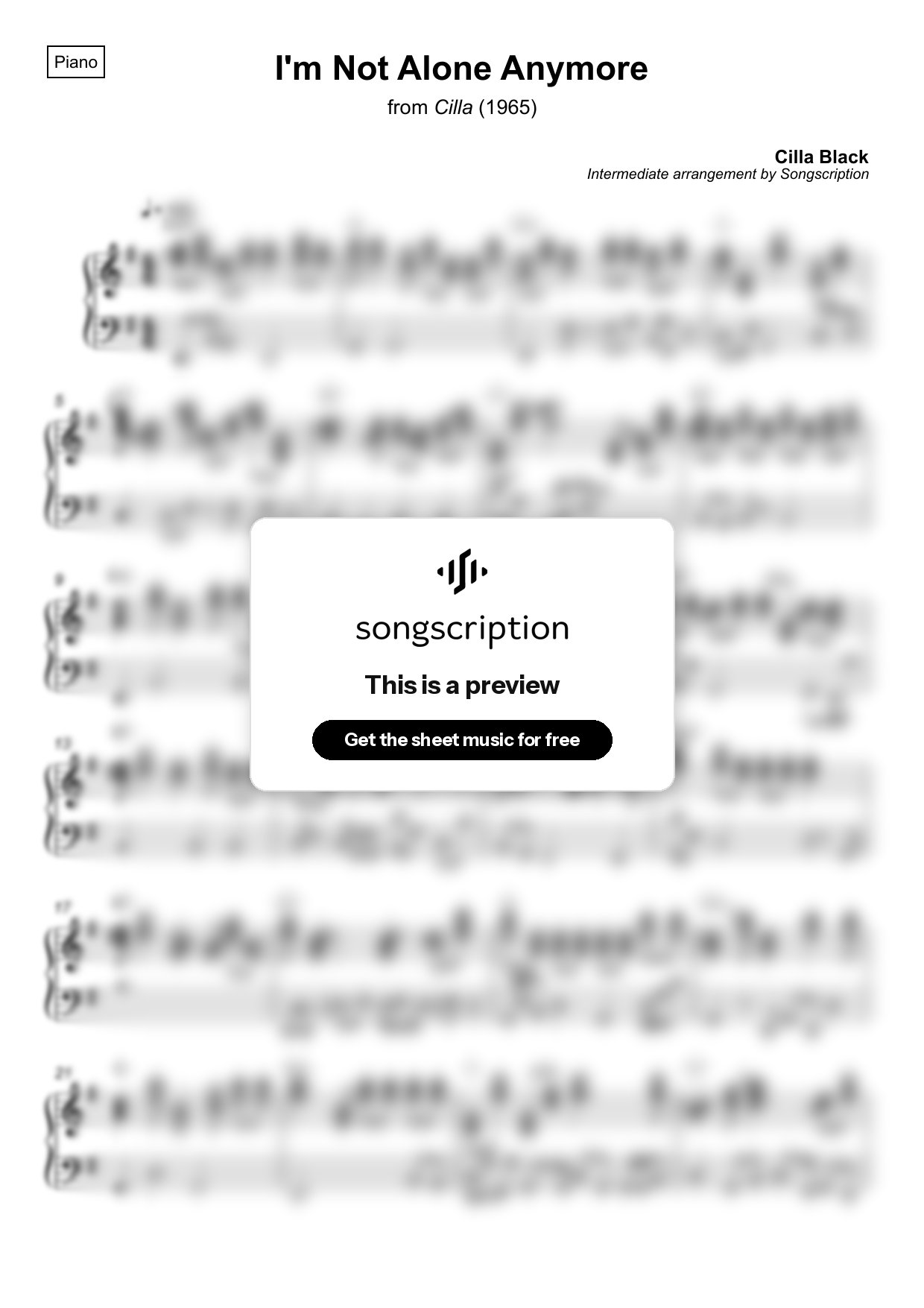Intermediate Piano Sheet Music for "I'm Not Alone Anymore" by Cilla Black