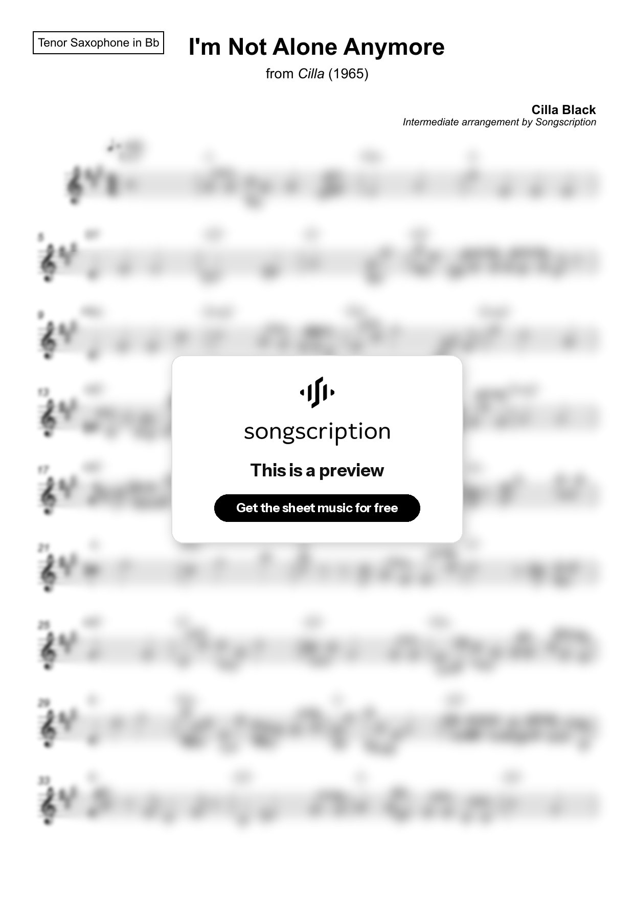 Intermediate Tenor Sax Sheet Music for "I'm Not Alone Anymore" by Cilla Black