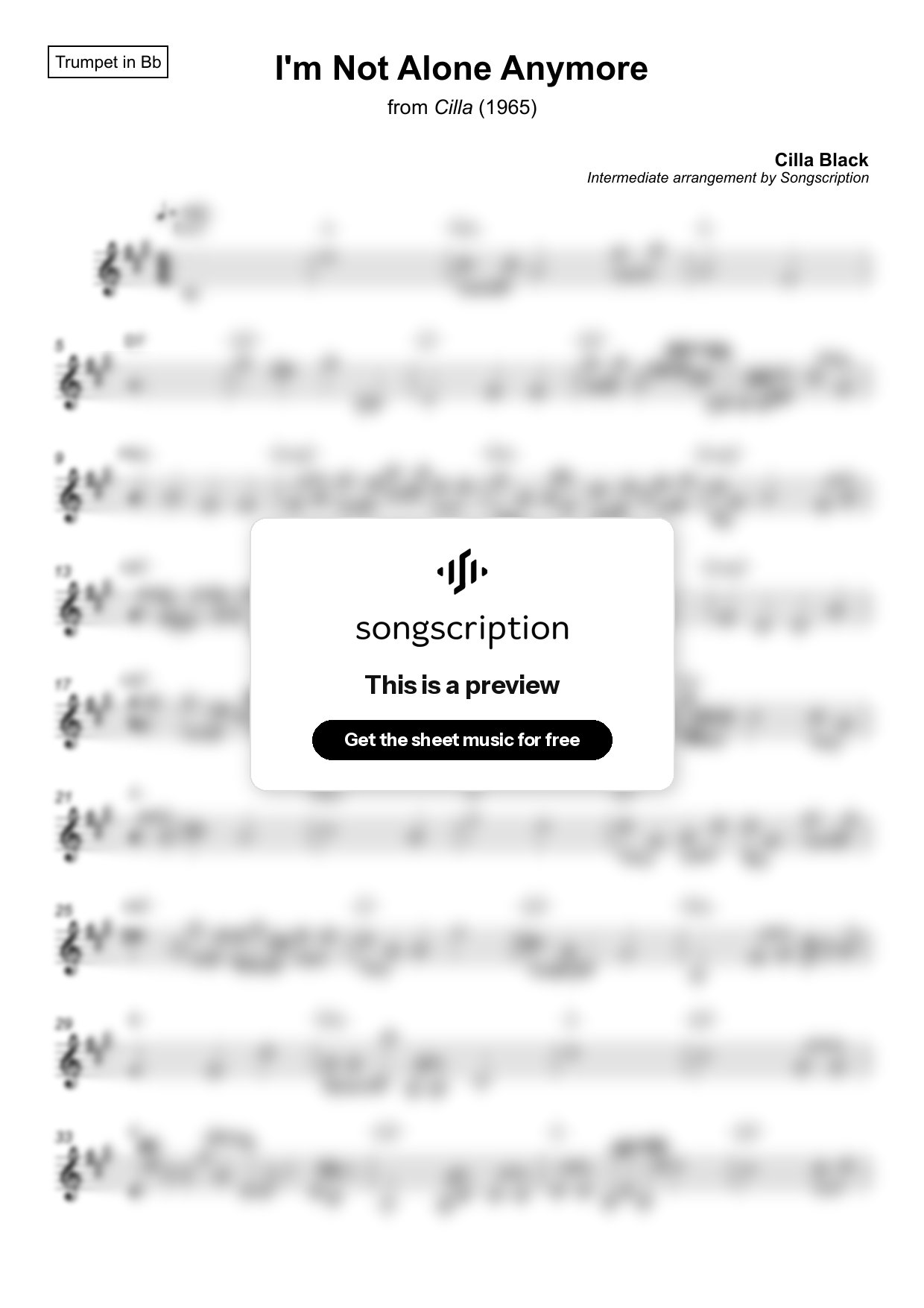 Intermediate Trumpet Sheet Music for "I'm Not Alone Anymore" by Cilla Black