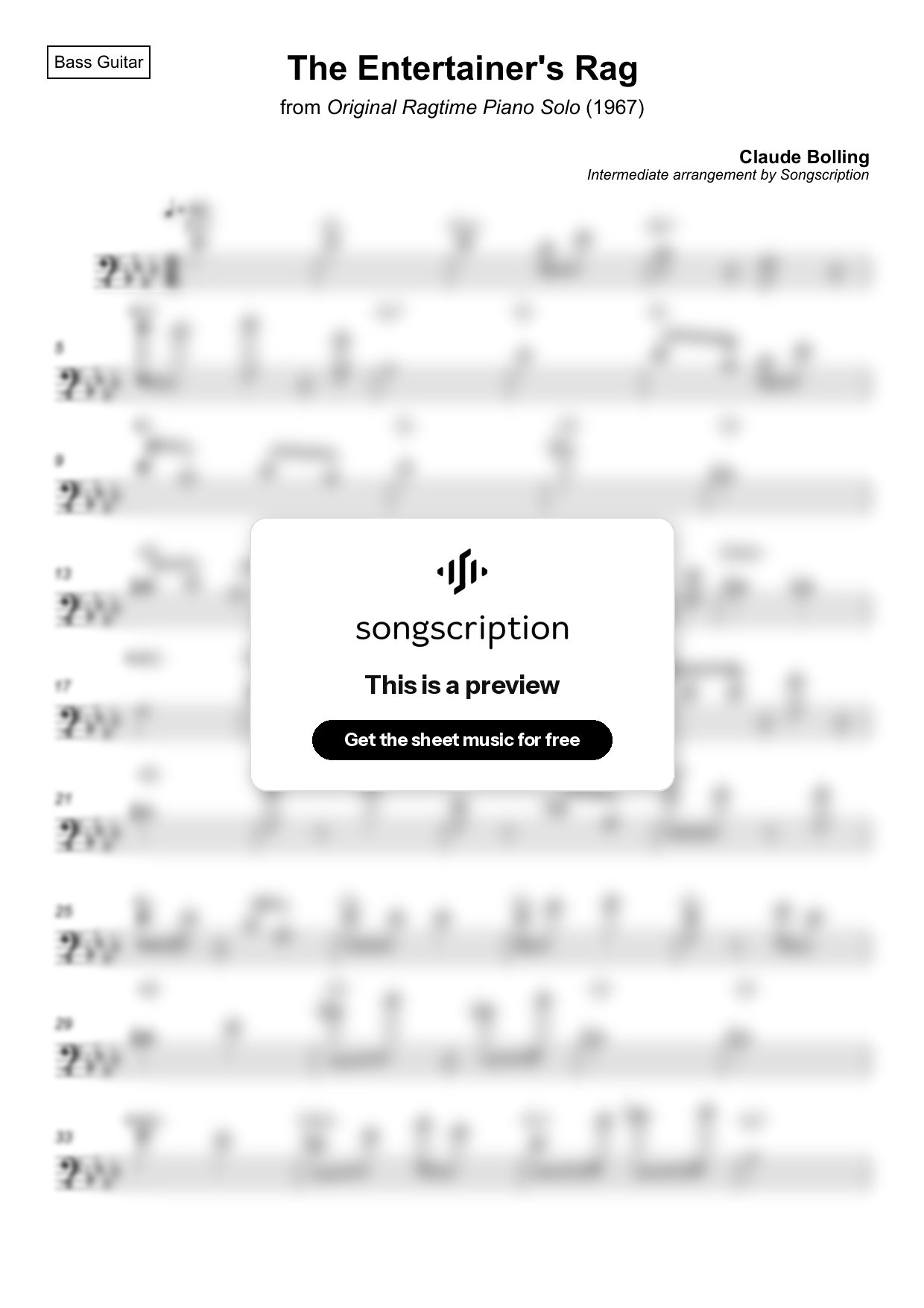 Intermediate Bass Guitar Sheet Music for "The Entertainer's Rag" by Claude Bolling