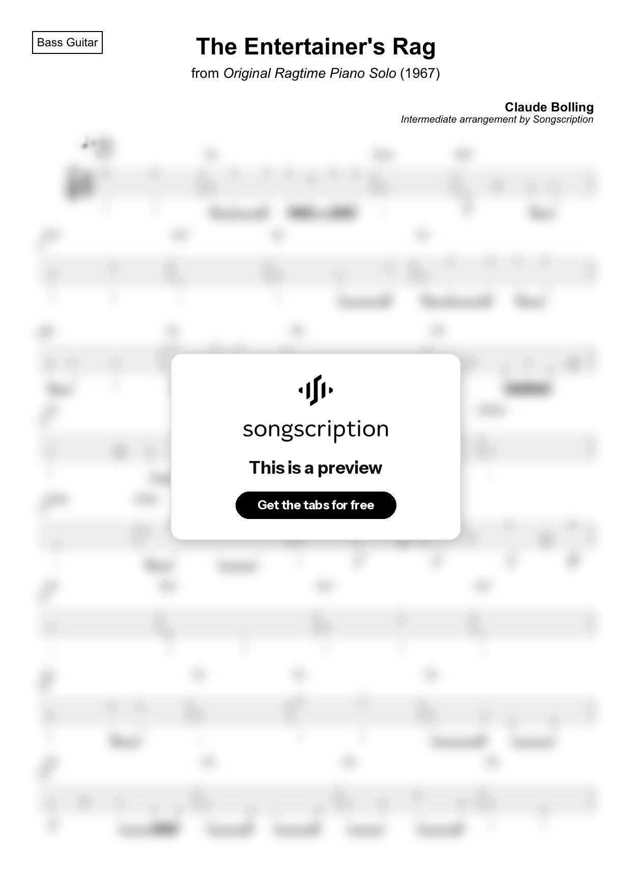 Intermediate Bass Guitar Tabs for "The Entertainer's Rag" by Claude Bolling