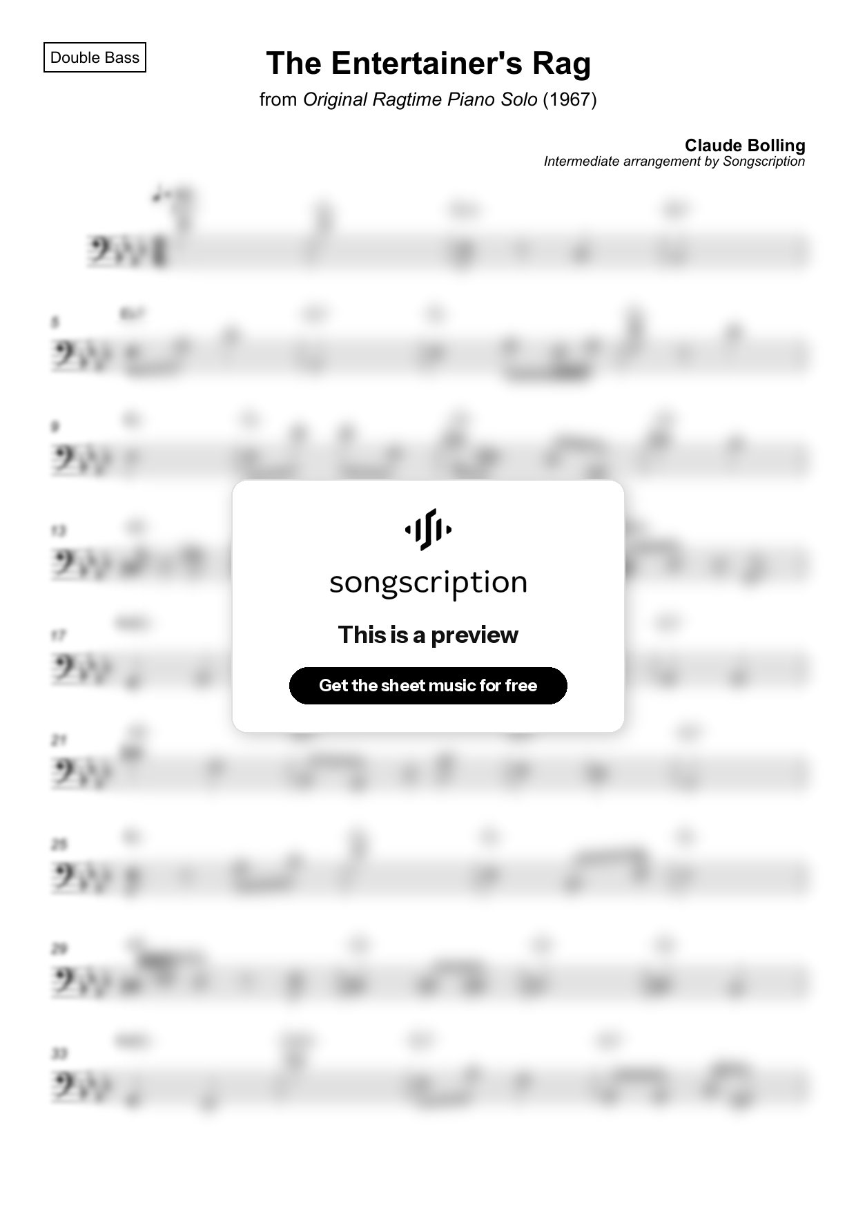 Intermediate Double Bass Sheet Music for "The Entertainer's Rag" by Claude Bolling