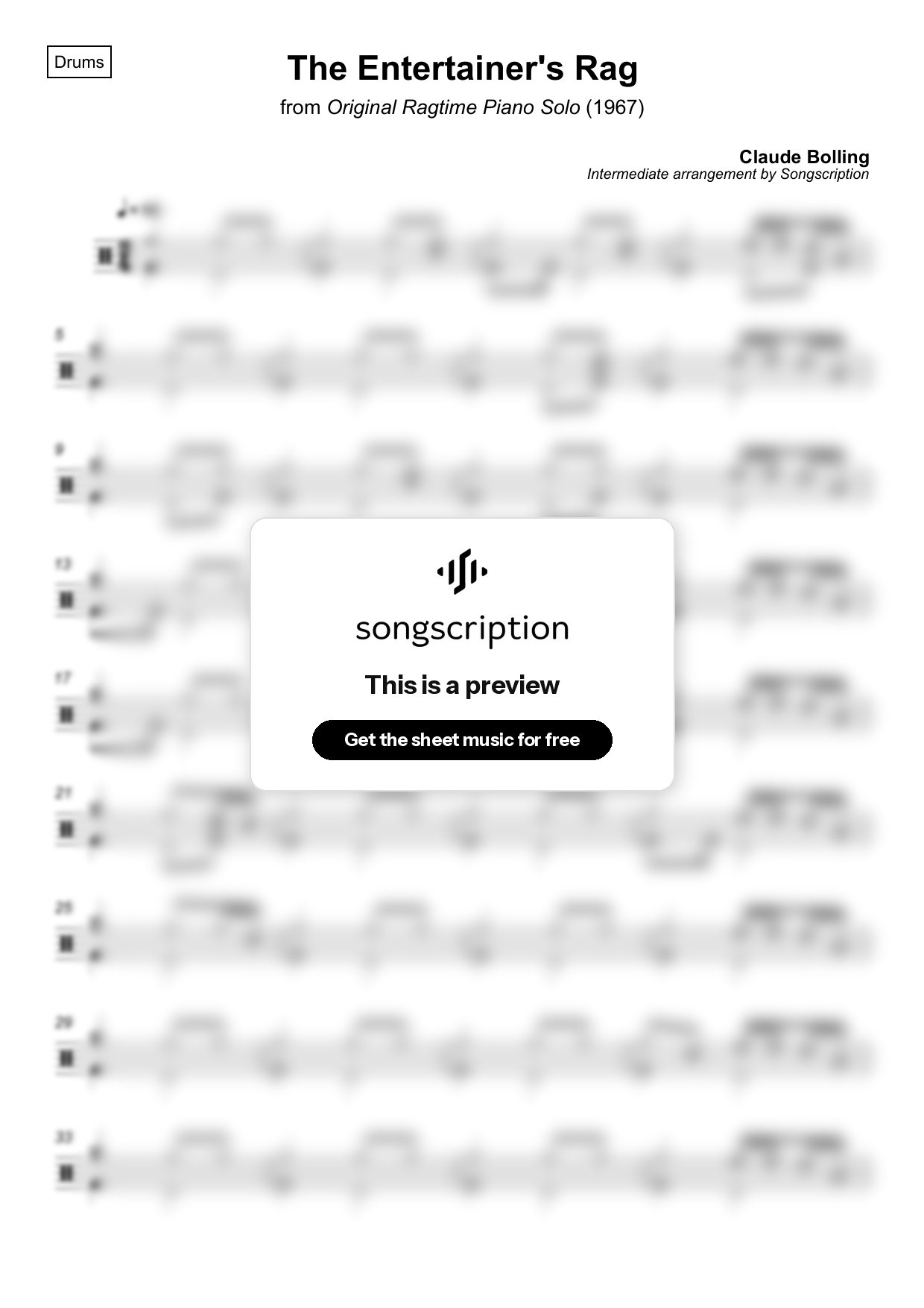 Intermediate Drums Sheet Music for "The Entertainer's Rag" by Claude Bolling