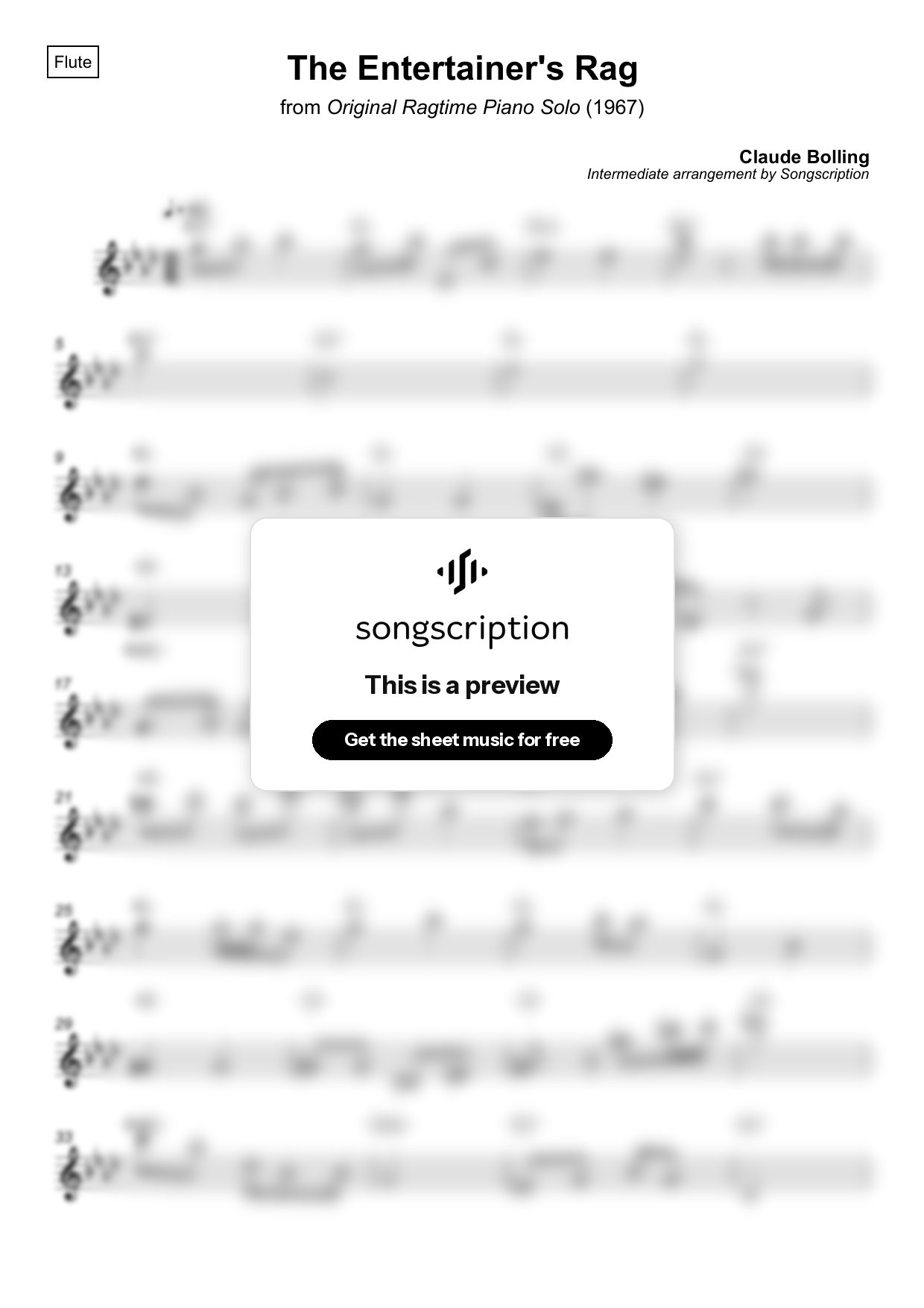 Intermediate Flute Sheet Music for "The Entertainer's Rag" by Claude Bolling