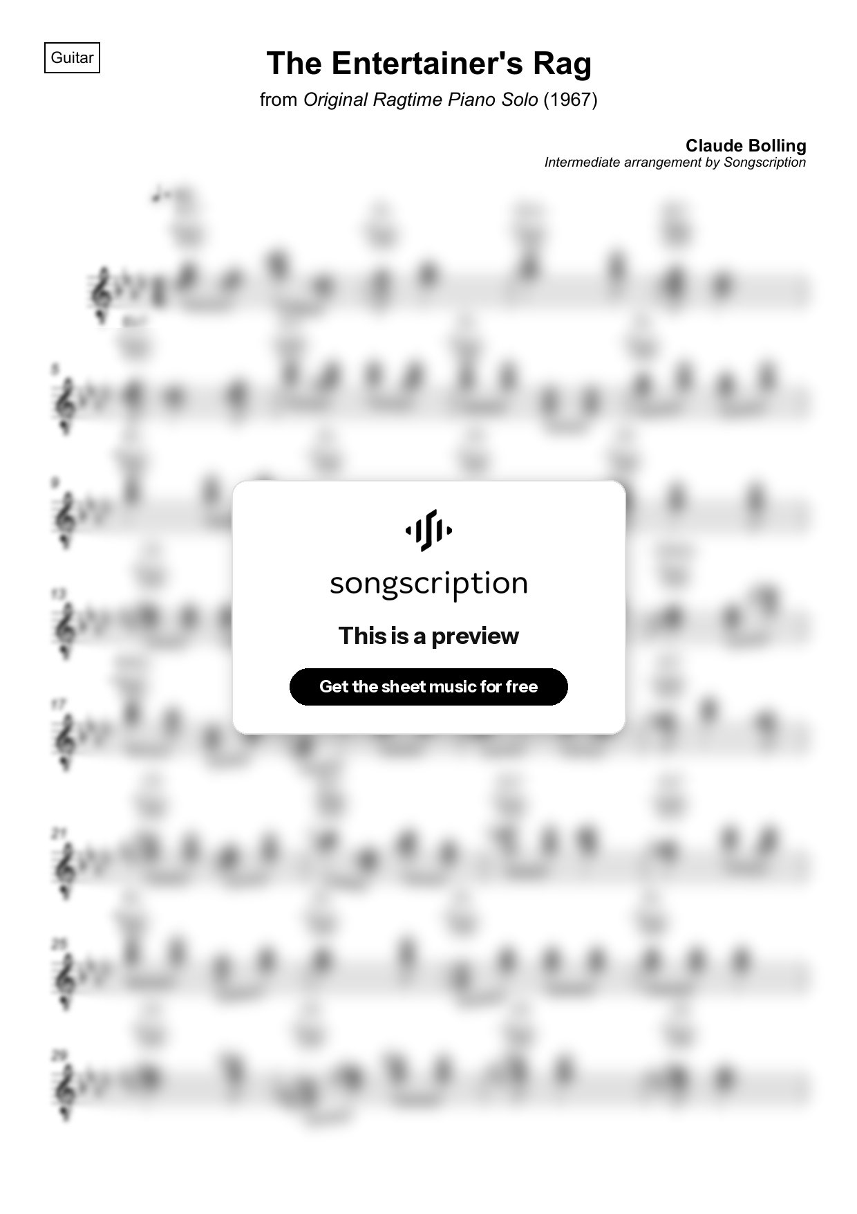Intermediate Acoustic Guitar Sheet Music for "The Entertainer's Rag" by Claude Bolling