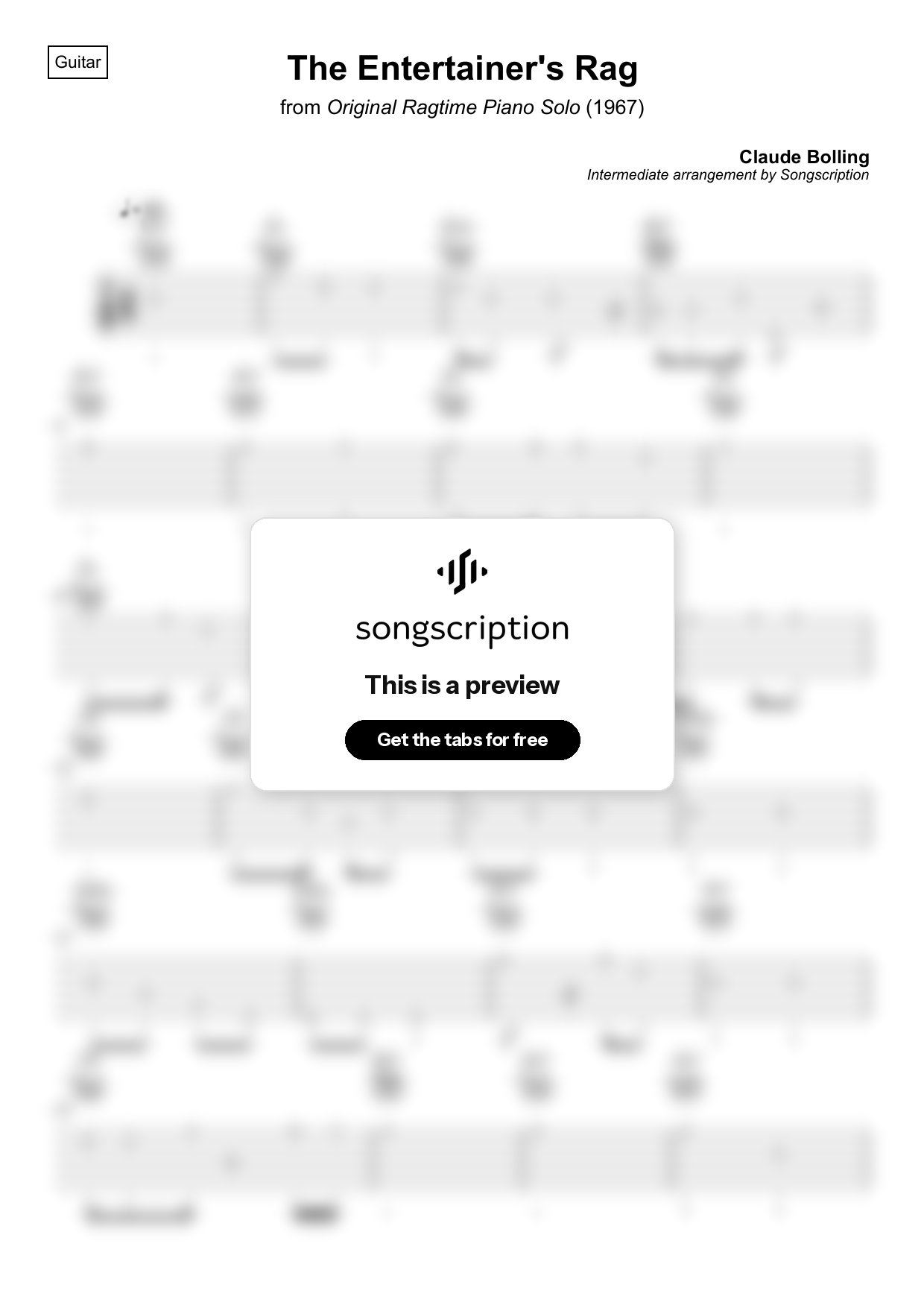 Intermediate Acoustic Guitar Tabs for "The Entertainer's Rag" by Claude Bolling