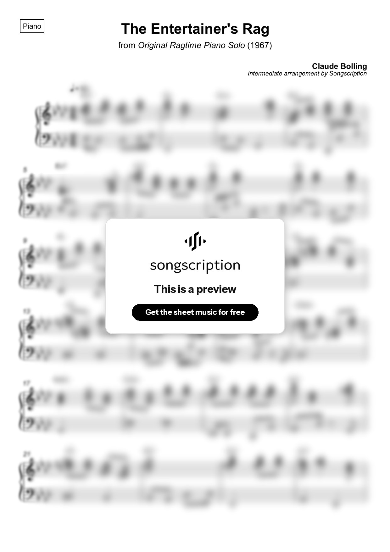 Intermediate Piano Sheet Music for "The Entertainer's Rag" by Claude Bolling