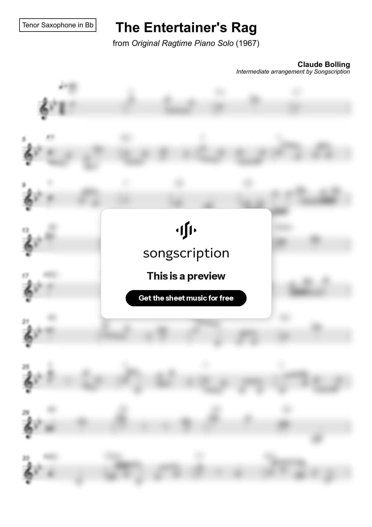 Intermediate Tenor Sax Sheet Music for "The Entertainer's Rag" by Claude Bolling