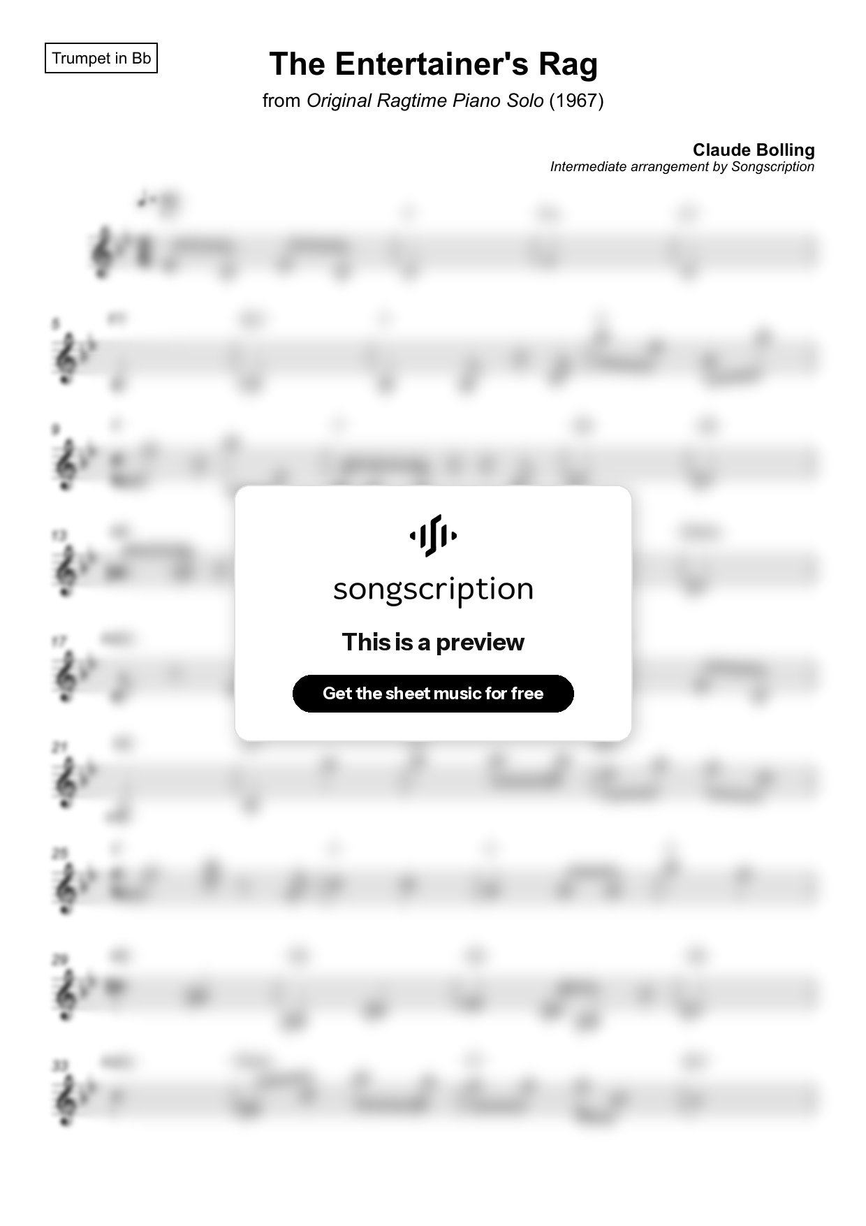 Intermediate Trumpet Sheet Music for "The Entertainer's Rag" by Claude Bolling