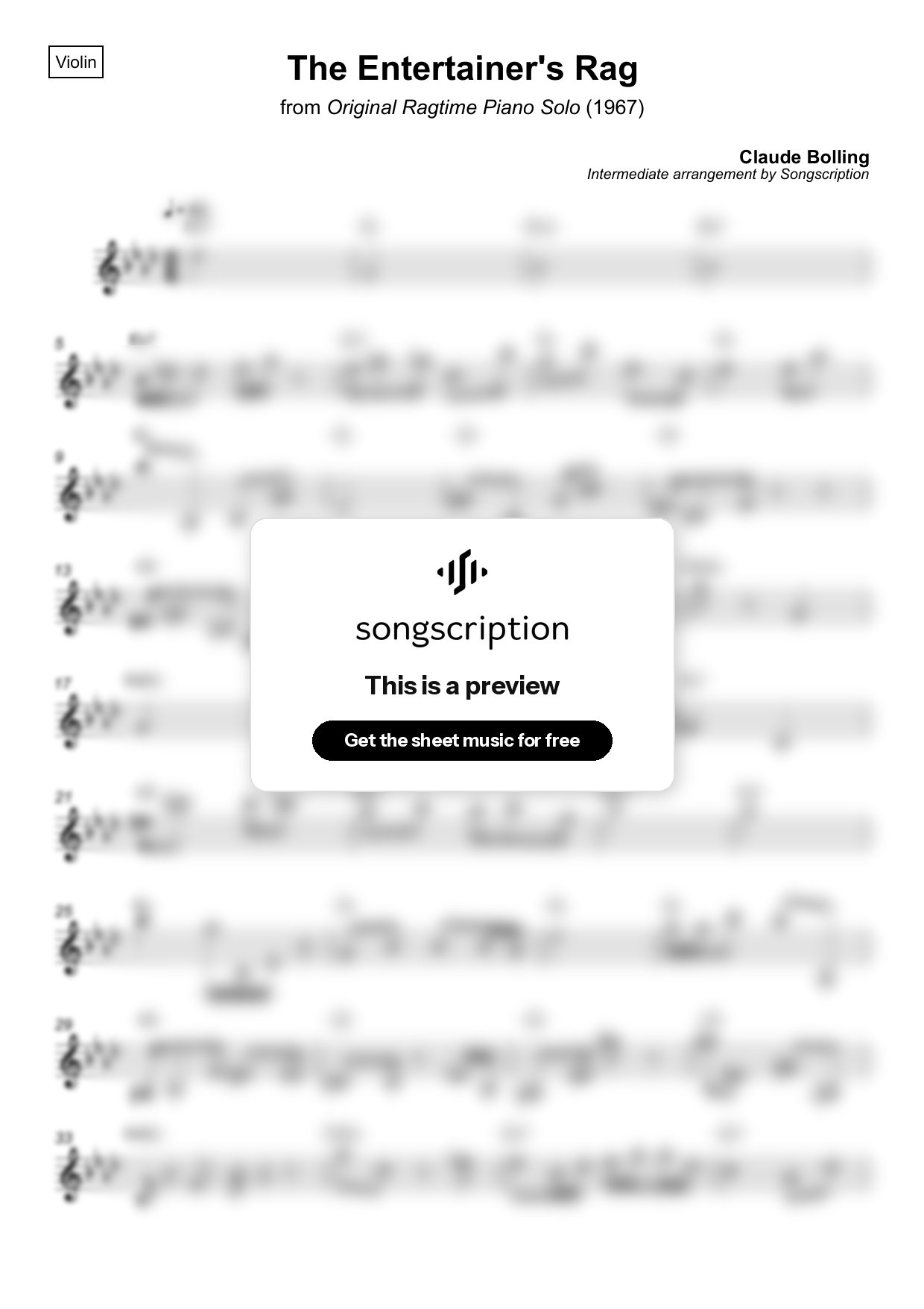 Intermediate Violin Sheet Music for "The Entertainer's Rag" by Claude Bolling