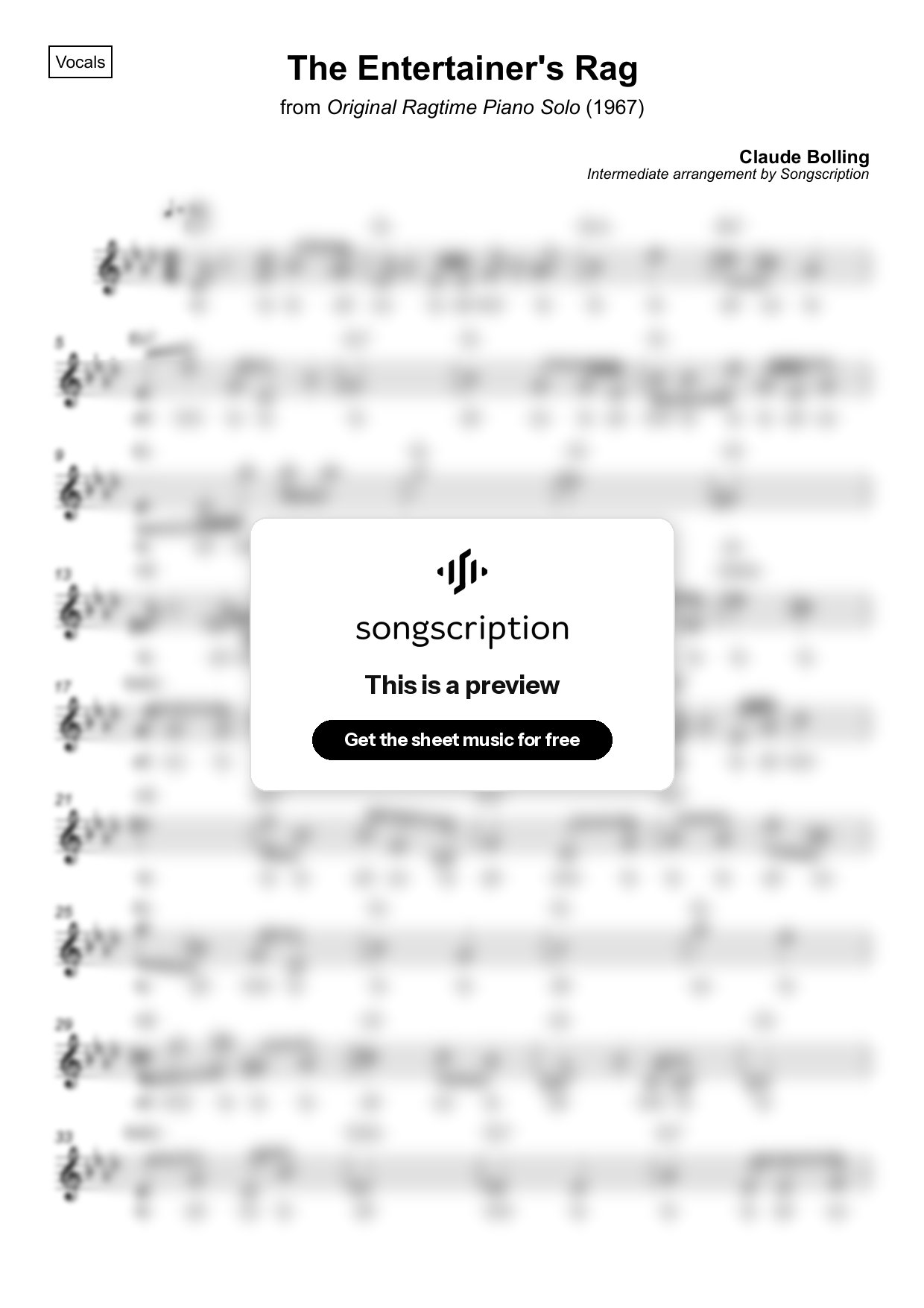Intermediate Vocals Sheet Music for "The Entertainer's Rag" by Claude Bolling