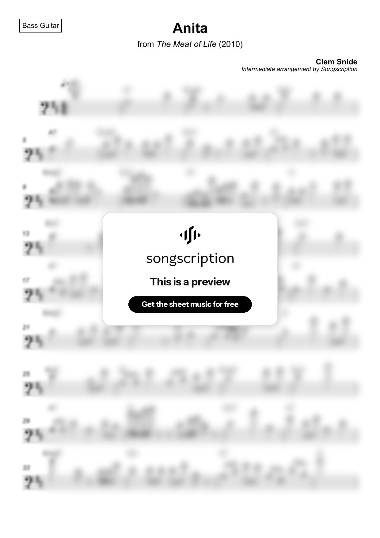 Intermediate Bass Guitar Sheet Music for "Anita" by Clem Snide