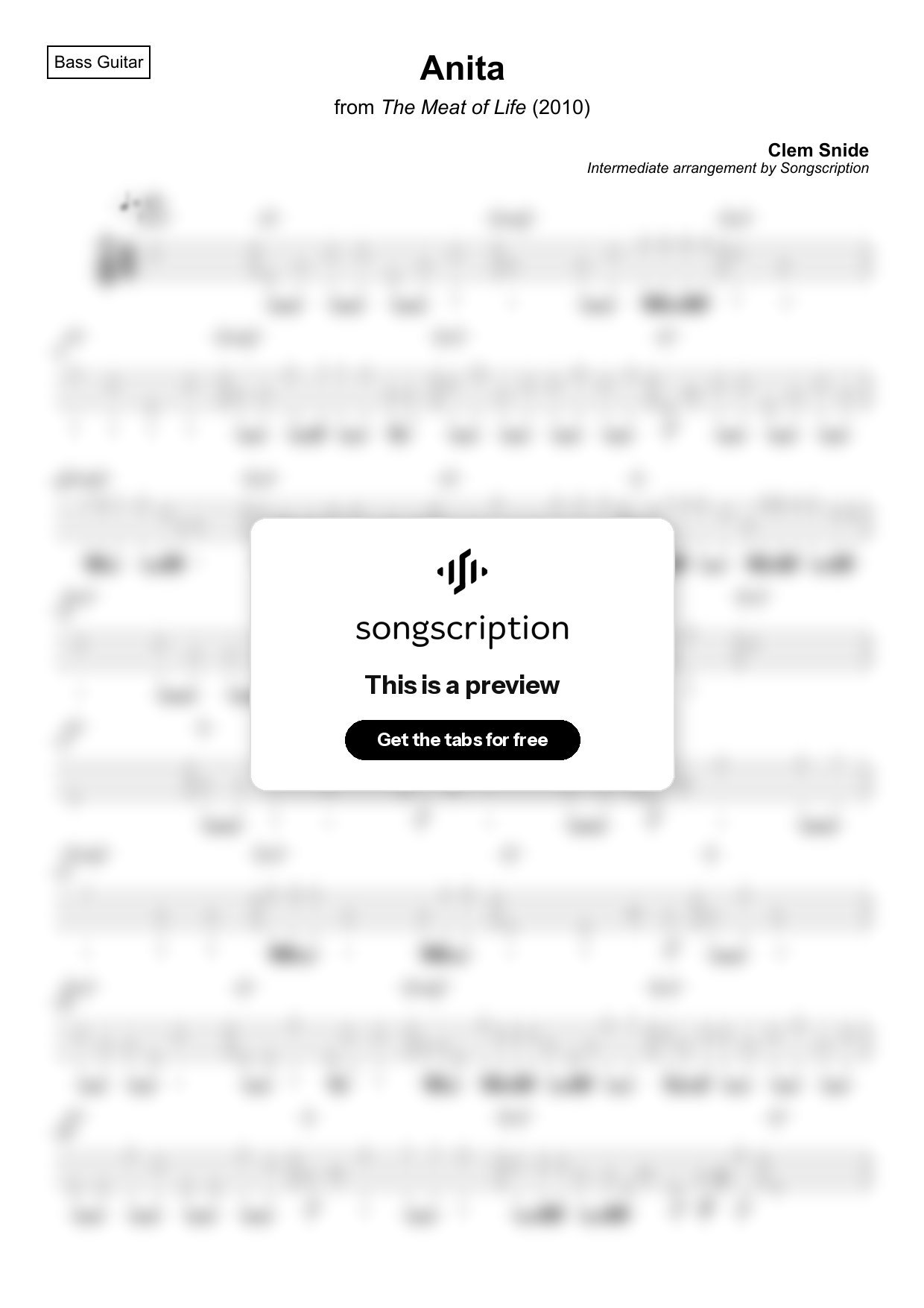Intermediate Bass Guitar Tabs for "Anita" by Clem Snide