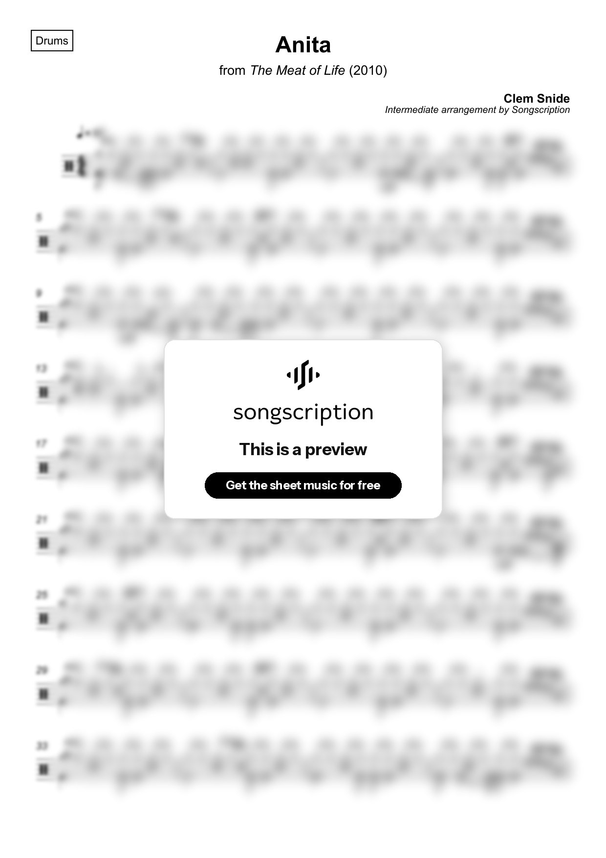 Intermediate Drums Sheet Music for "Anita" by Clem Snide