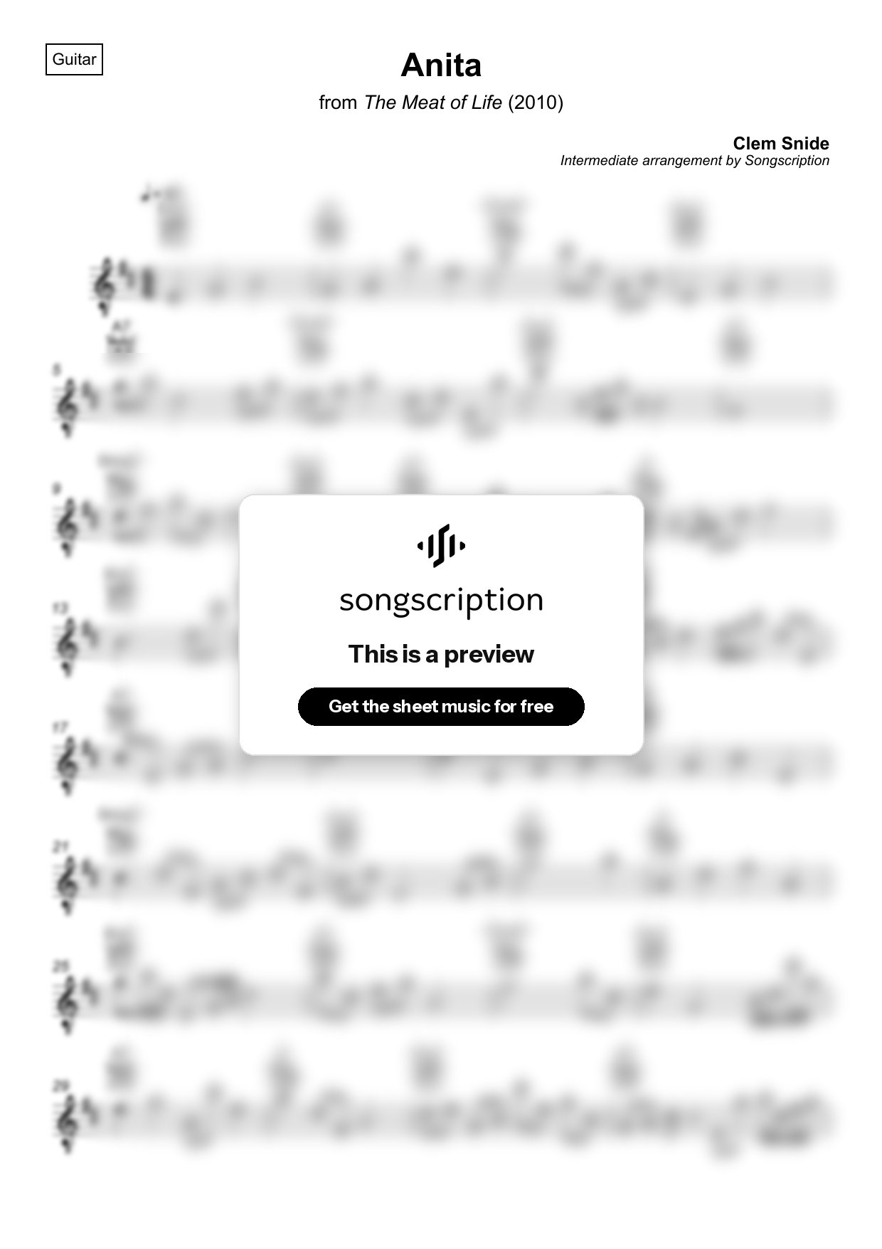 Intermediate Acoustic Guitar Sheet Music for "Anita" by Clem Snide