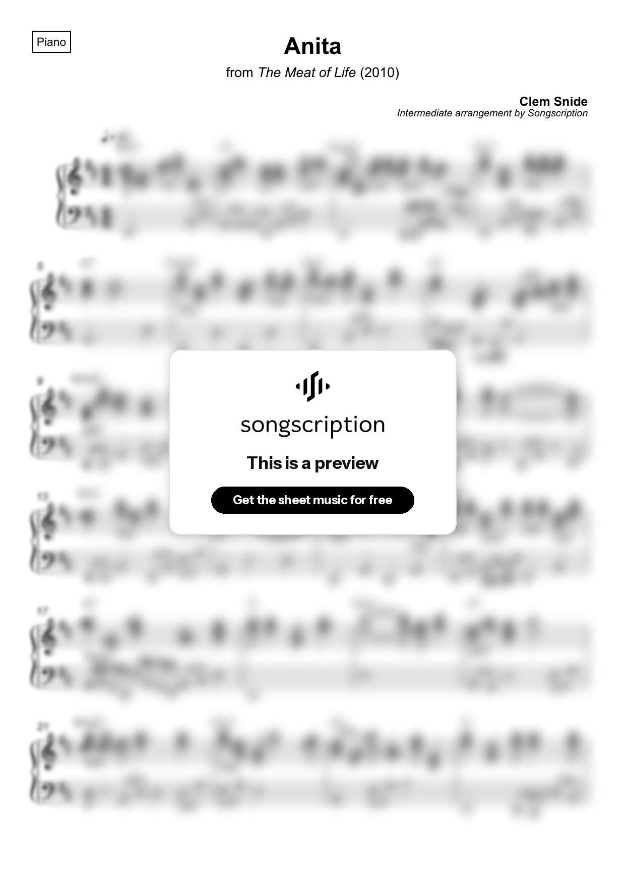 Intermediate Piano Sheet Music for "Anita" by Clem Snide