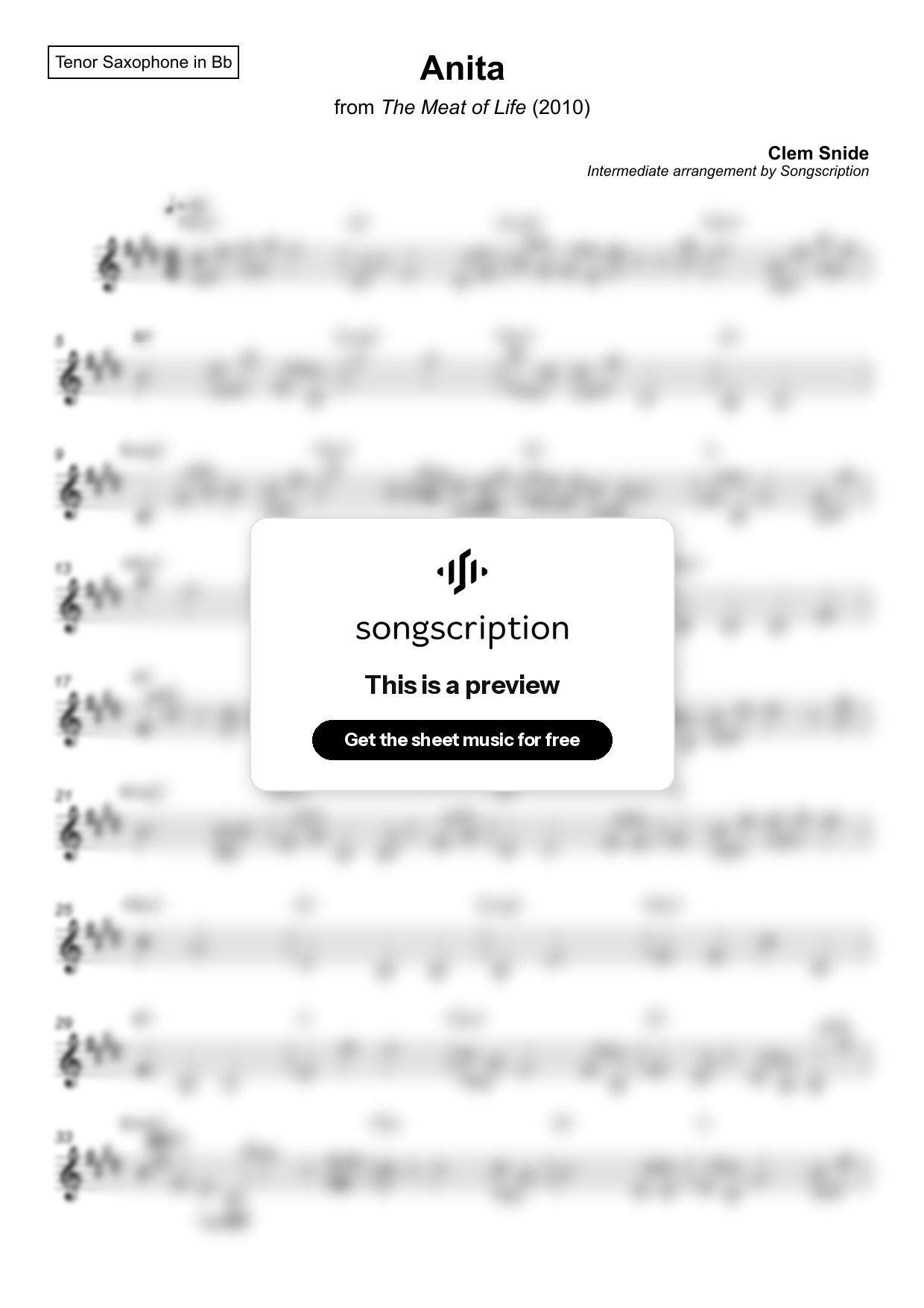 Intermediate Tenor Sax Sheet Music for "Anita" by Clem Snide