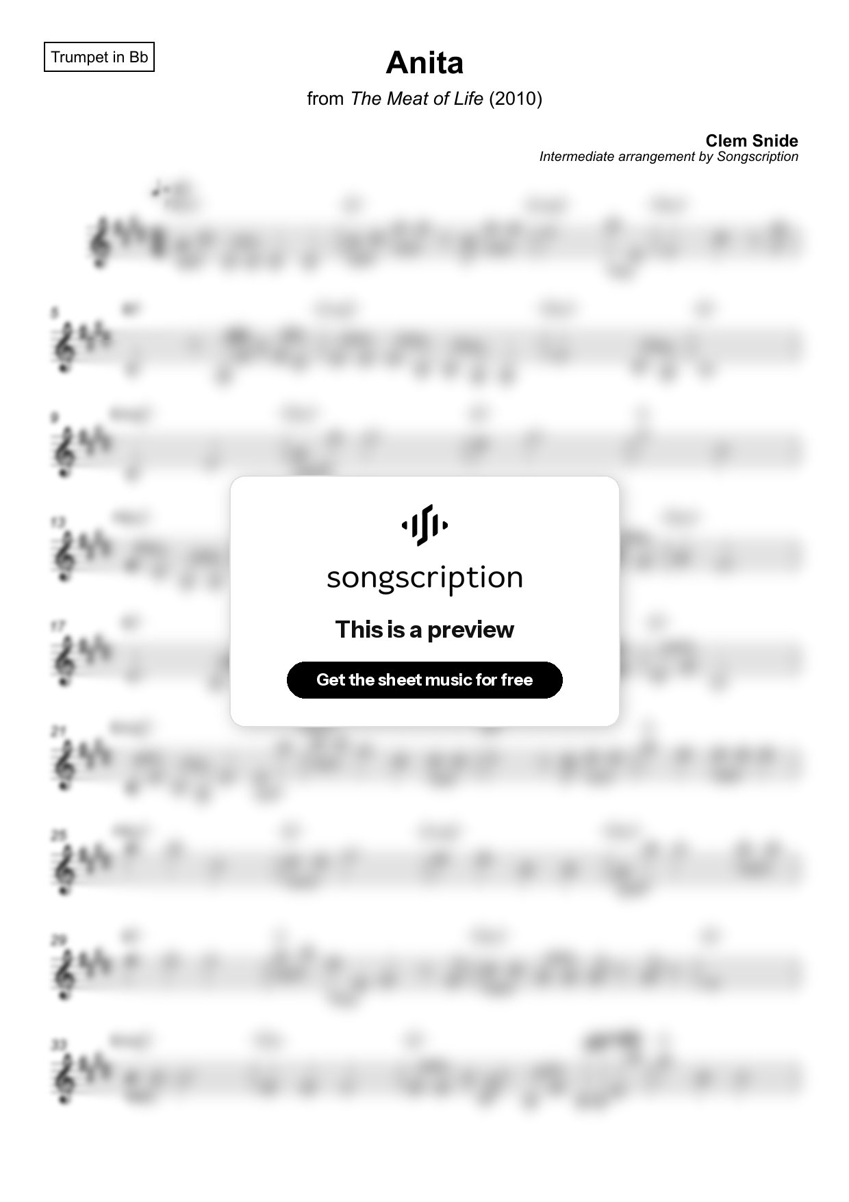 Intermediate Trumpet Sheet Music for "Anita" by Clem Snide