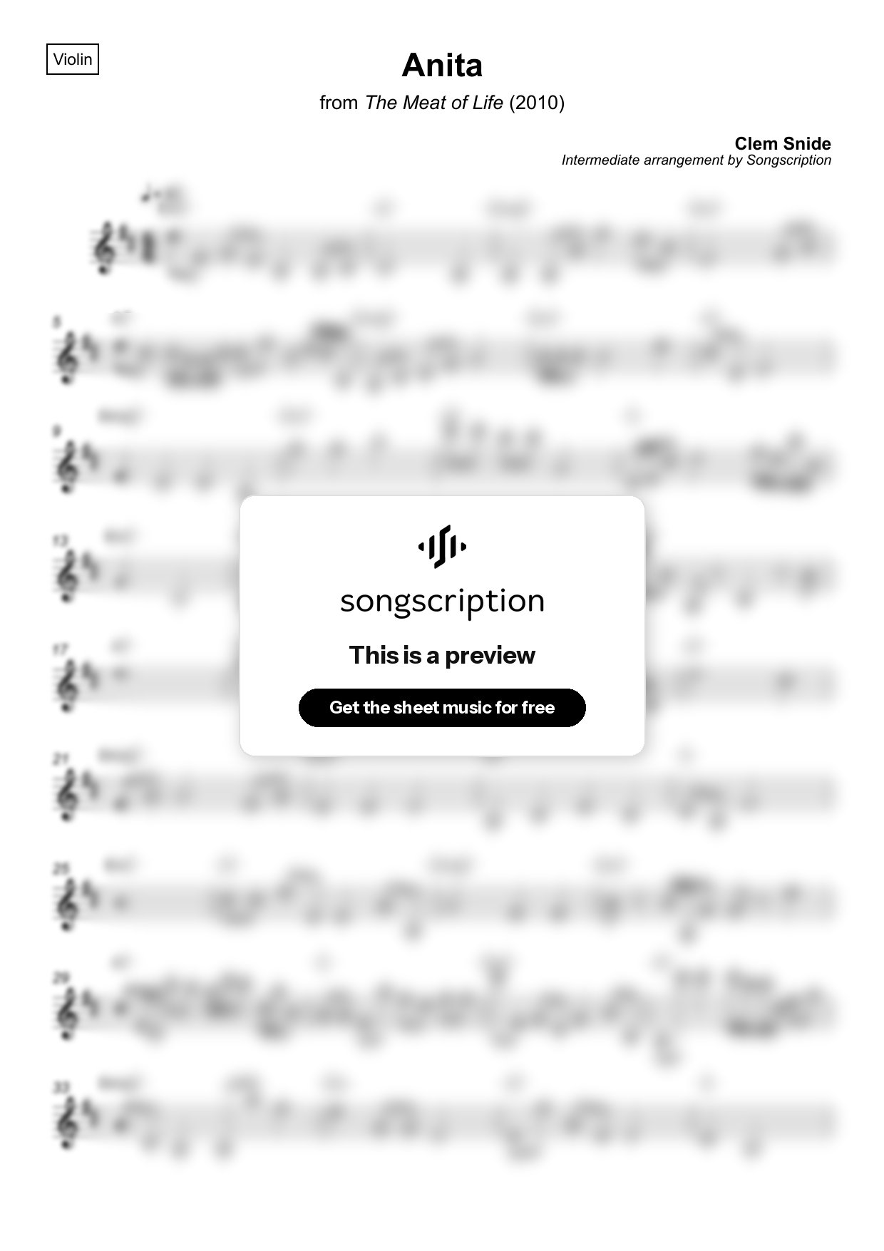 Intermediate Violin Sheet Music for "Anita" by Clem Snide