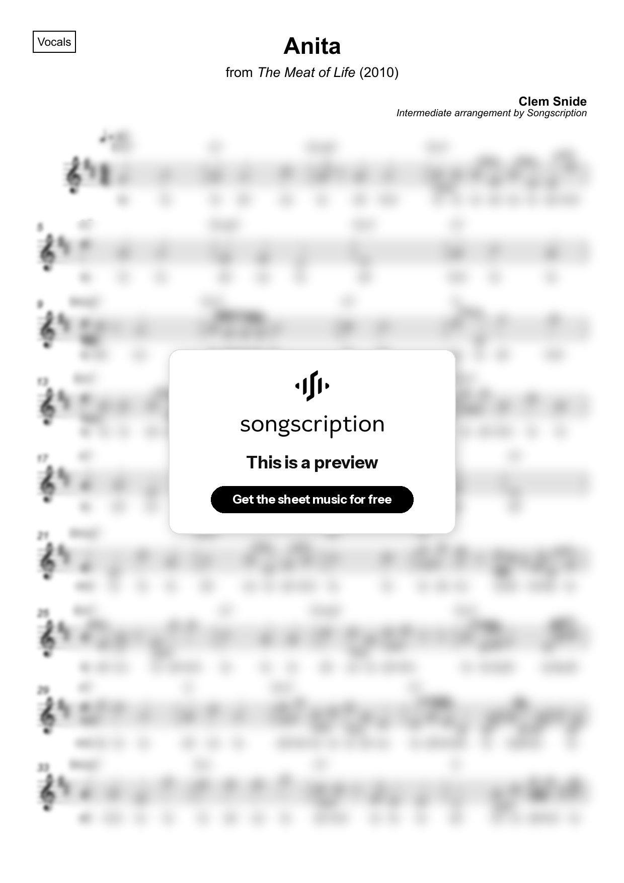 Intermediate Vocals Sheet Music for "Anita" by Clem Snide