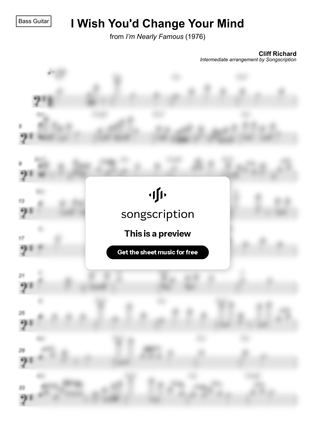 Intermediate Bass Guitar Sheet Music for "I Wish You'd Change Your Mind" by Cliff Richard
