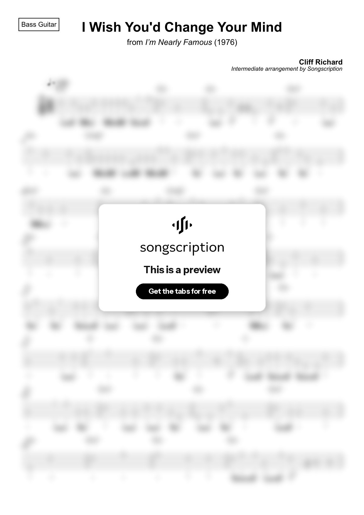 Intermediate Bass Guitar Tabs for "I Wish You'd Change Your Mind" by Cliff Richard