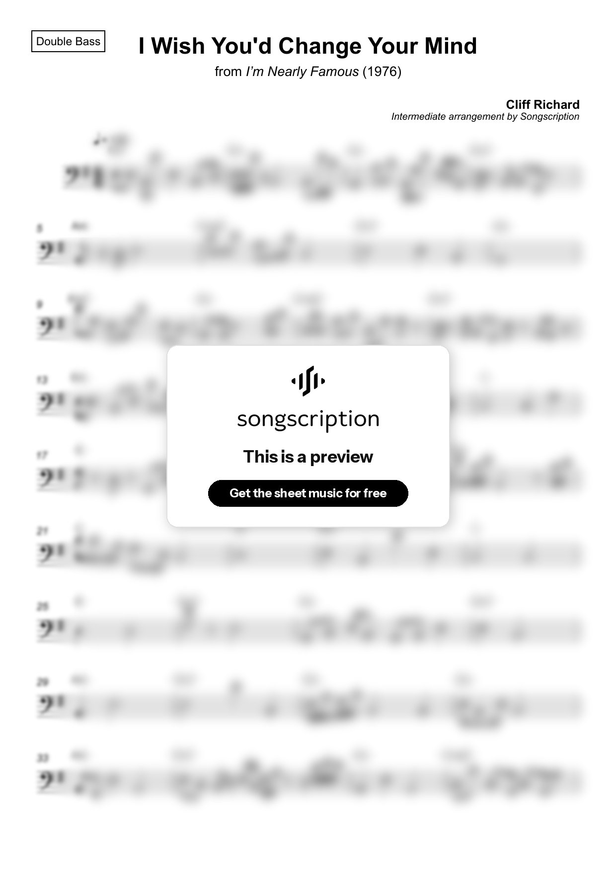 Intermediate Double Bass Sheet Music for "I Wish You'd Change Your Mind" by Cliff Richard