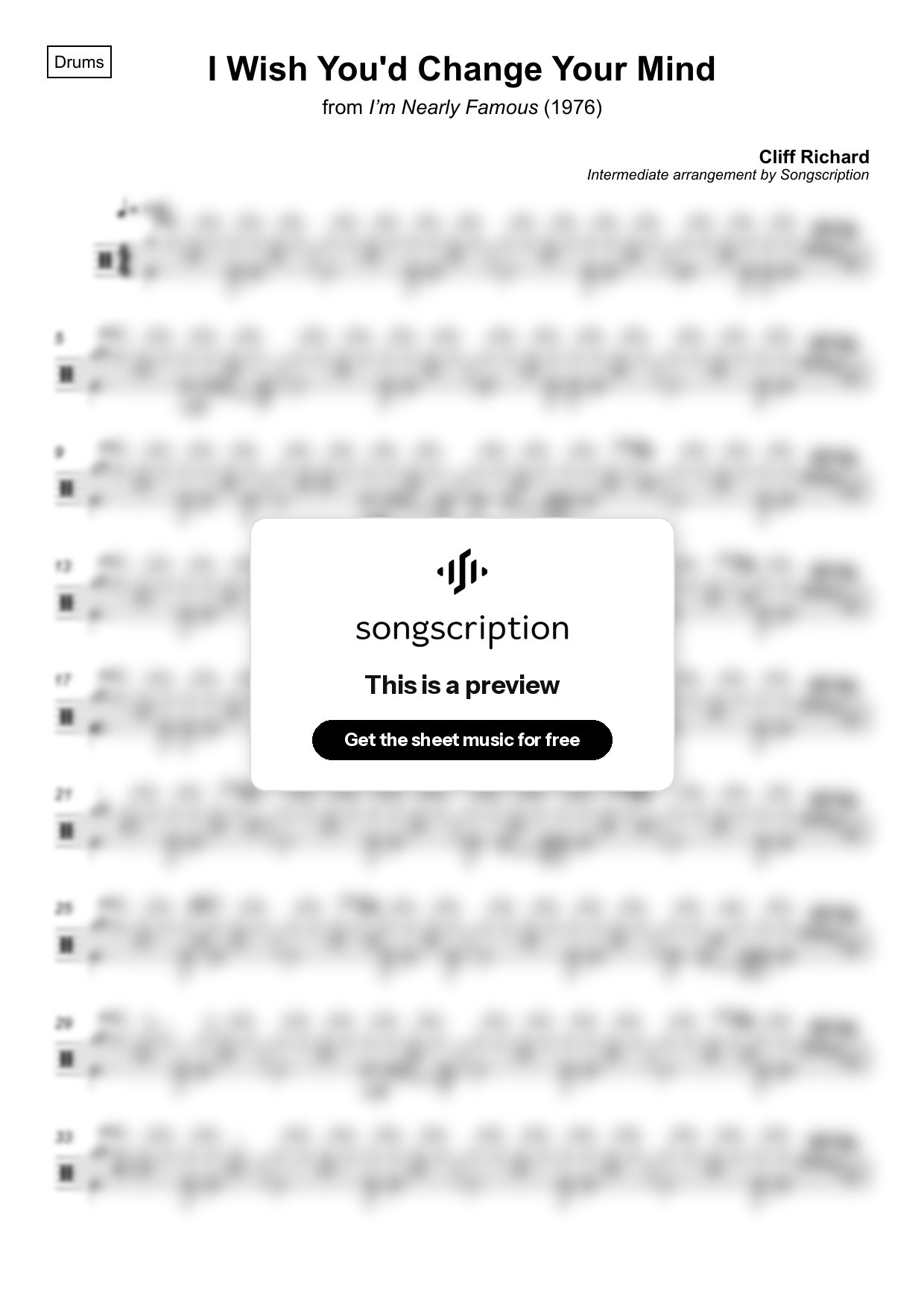 Intermediate Drums Sheet Music for "I Wish You'd Change Your Mind" by Cliff Richard