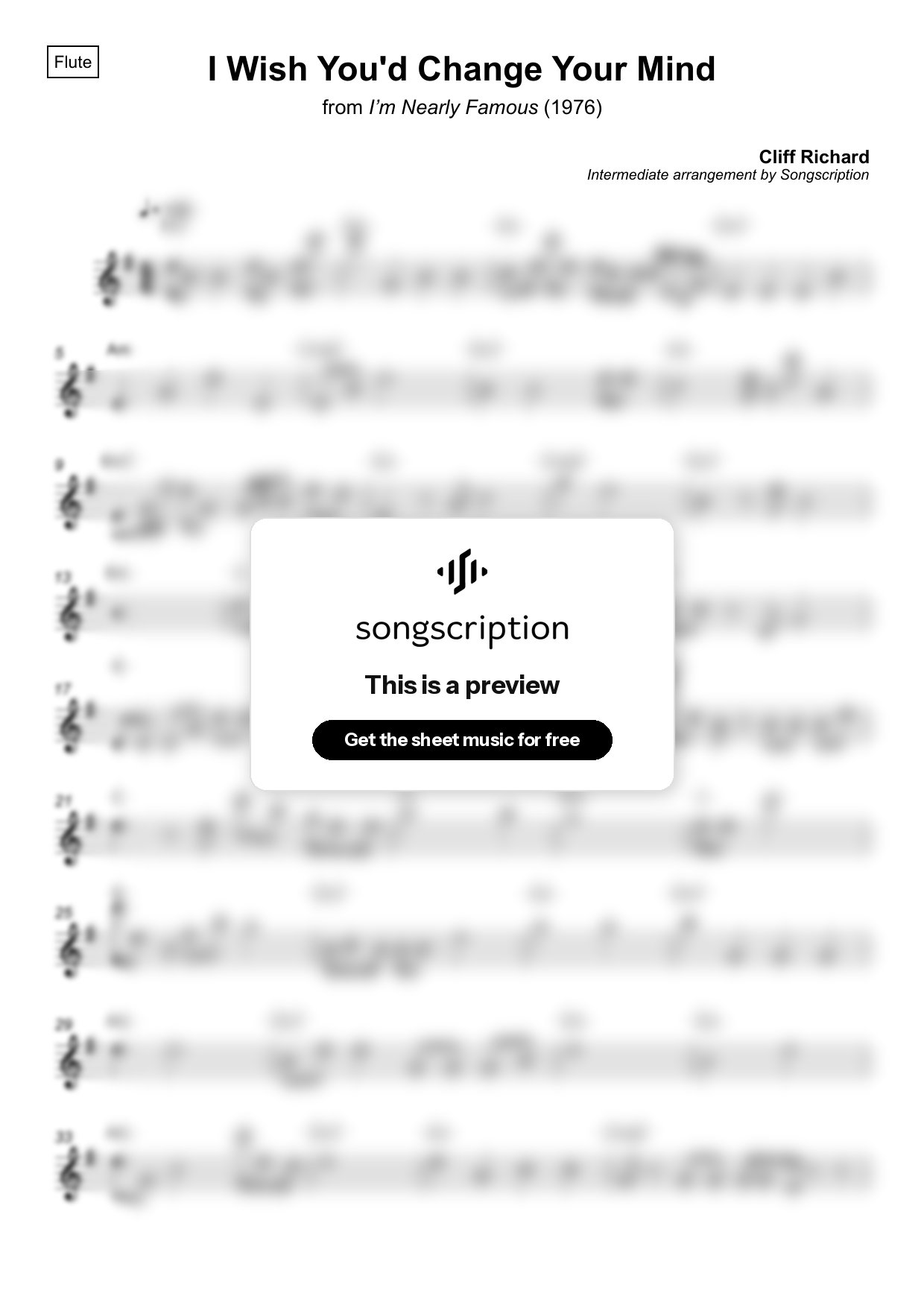 Intermediate Flute Sheet Music for "I Wish You'd Change Your Mind" by Cliff Richard