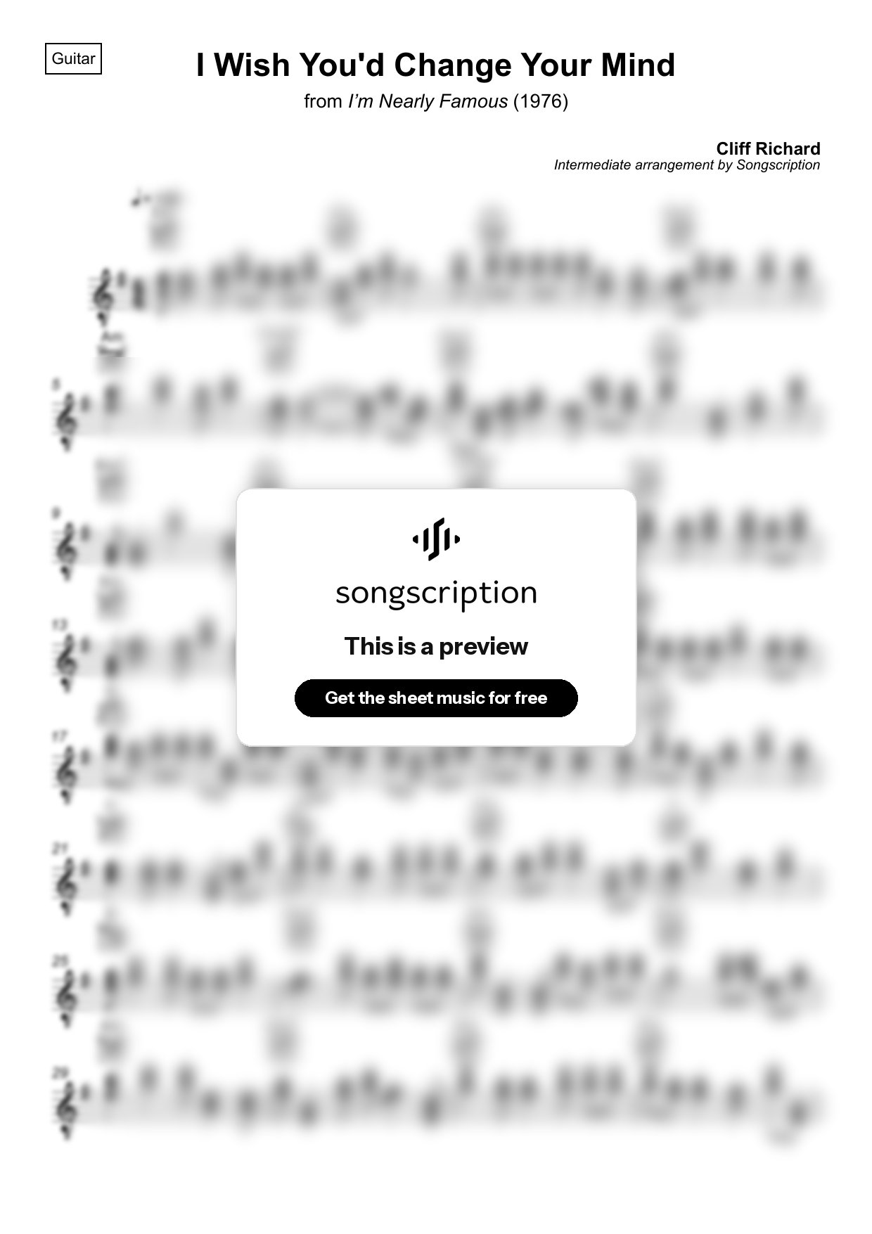 Intermediate Acoustic Guitar Sheet Music for "I Wish You'd Change Your Mind" by Cliff Richard