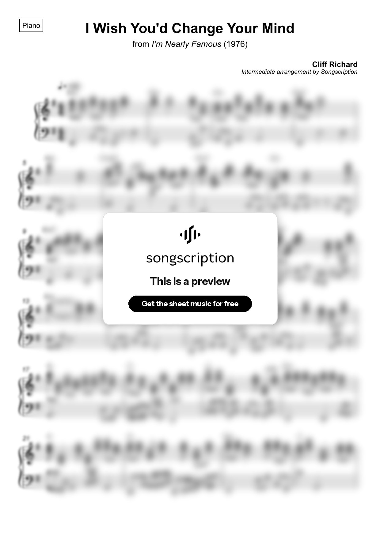 Intermediate Piano Sheet Music for "I Wish You'd Change Your Mind" by Cliff Richard