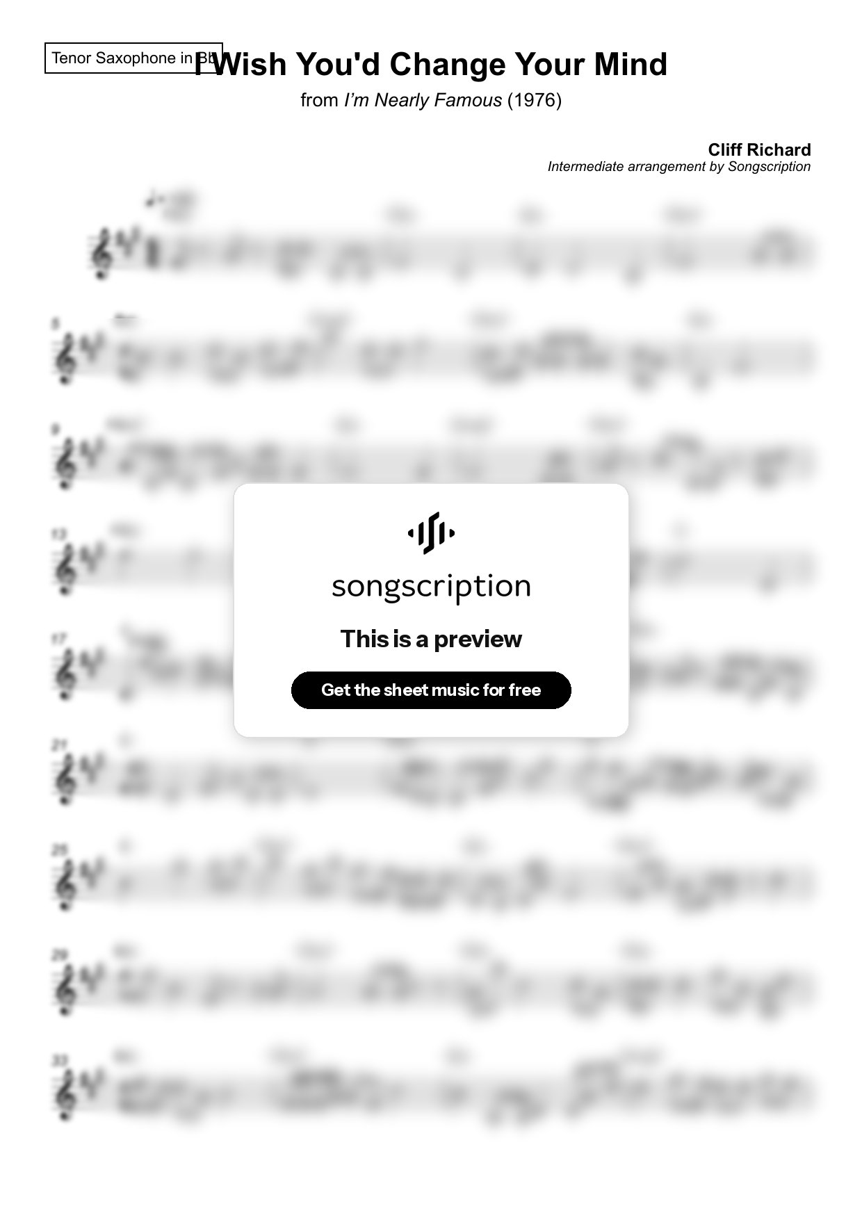 Intermediate Tenor Sax Sheet Music for "I Wish You'd Change Your Mind" by Cliff Richard