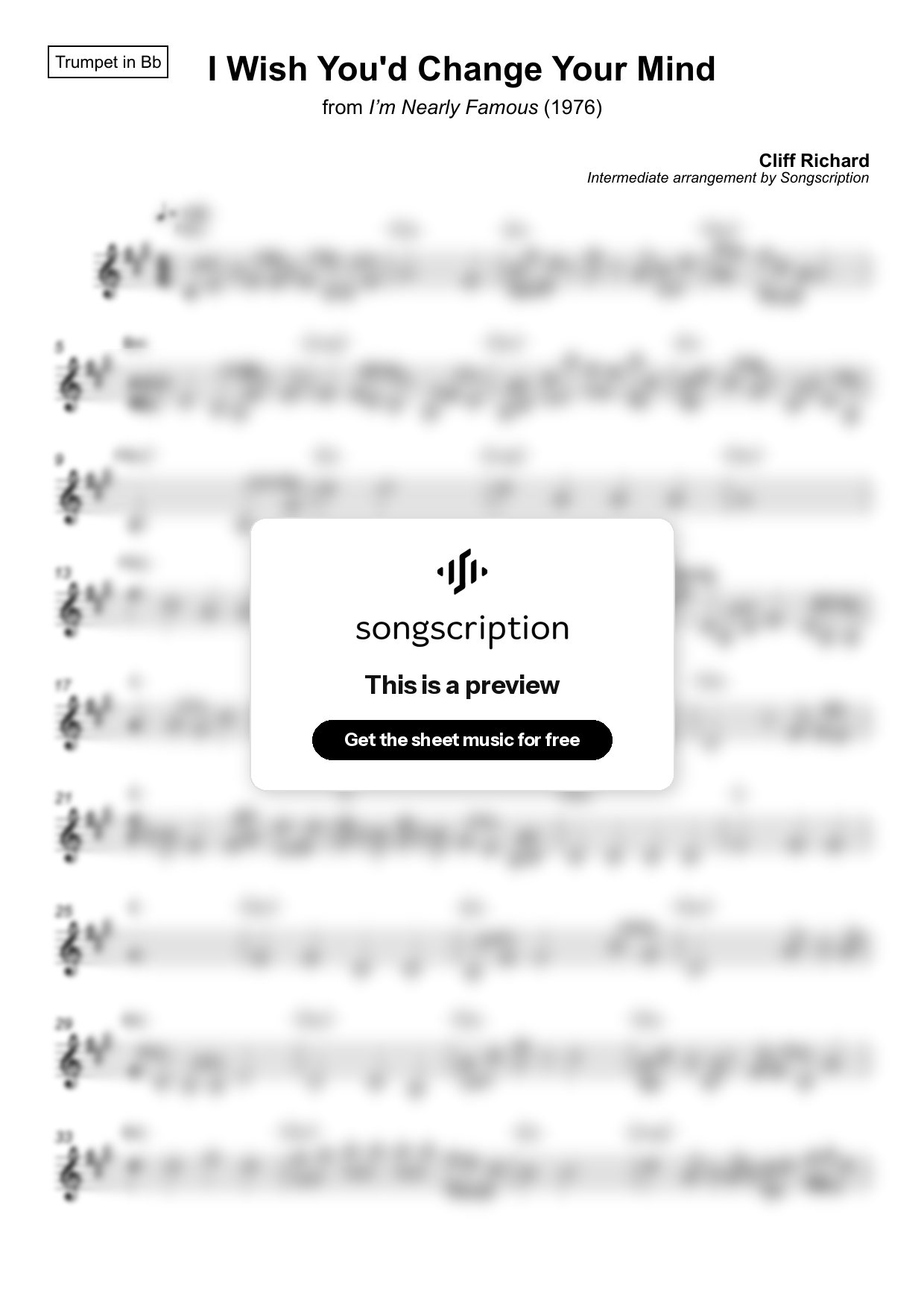 Intermediate Trumpet Sheet Music for "I Wish You'd Change Your Mind" by Cliff Richard
