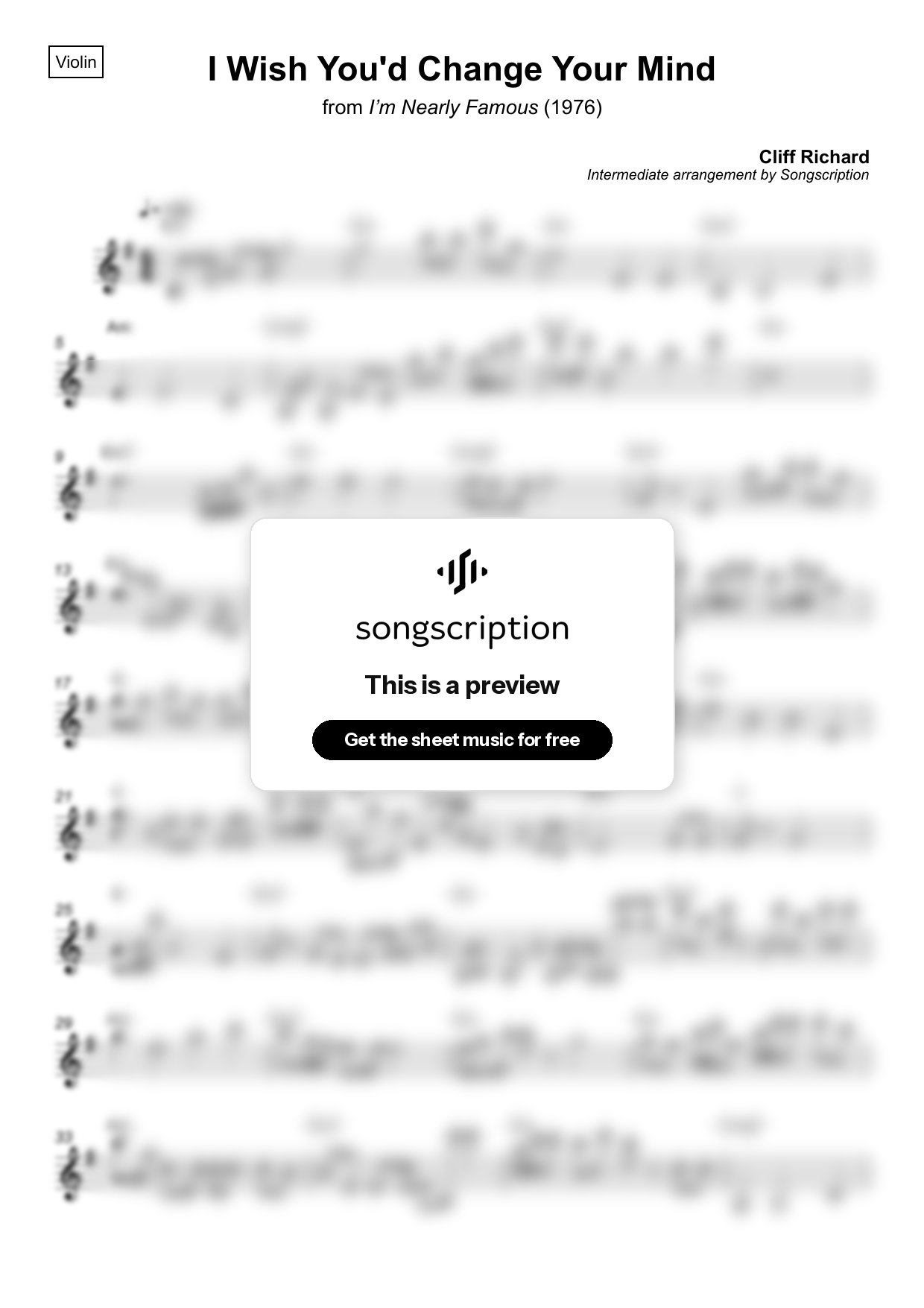 Intermediate Violin Sheet Music for "I Wish You'd Change Your Mind" by Cliff Richard