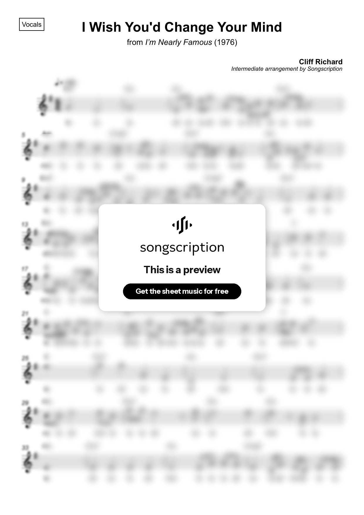 Intermediate Vocals Sheet Music for "I Wish You'd Change Your Mind" by Cliff Richard
