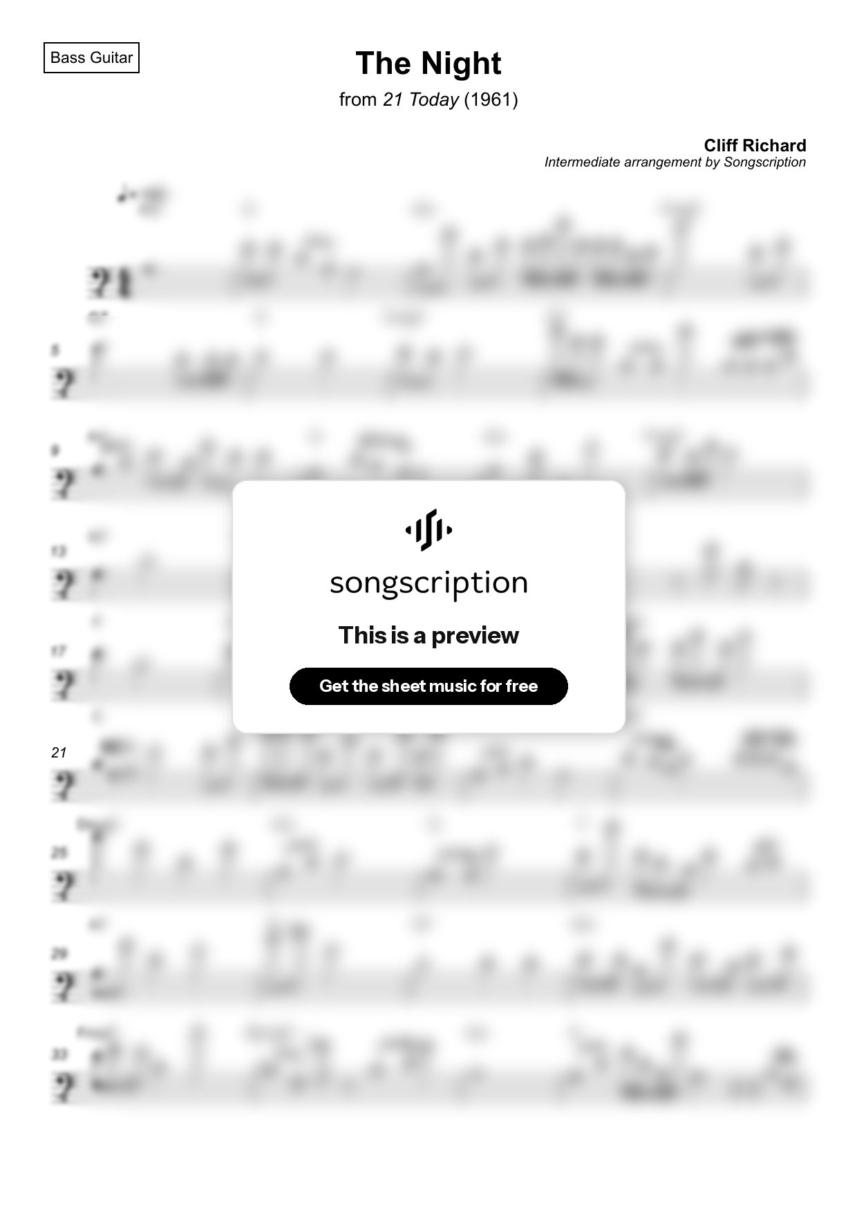 Intermediate Bass Guitar Sheet Music for "The Night" by Cliff Richard