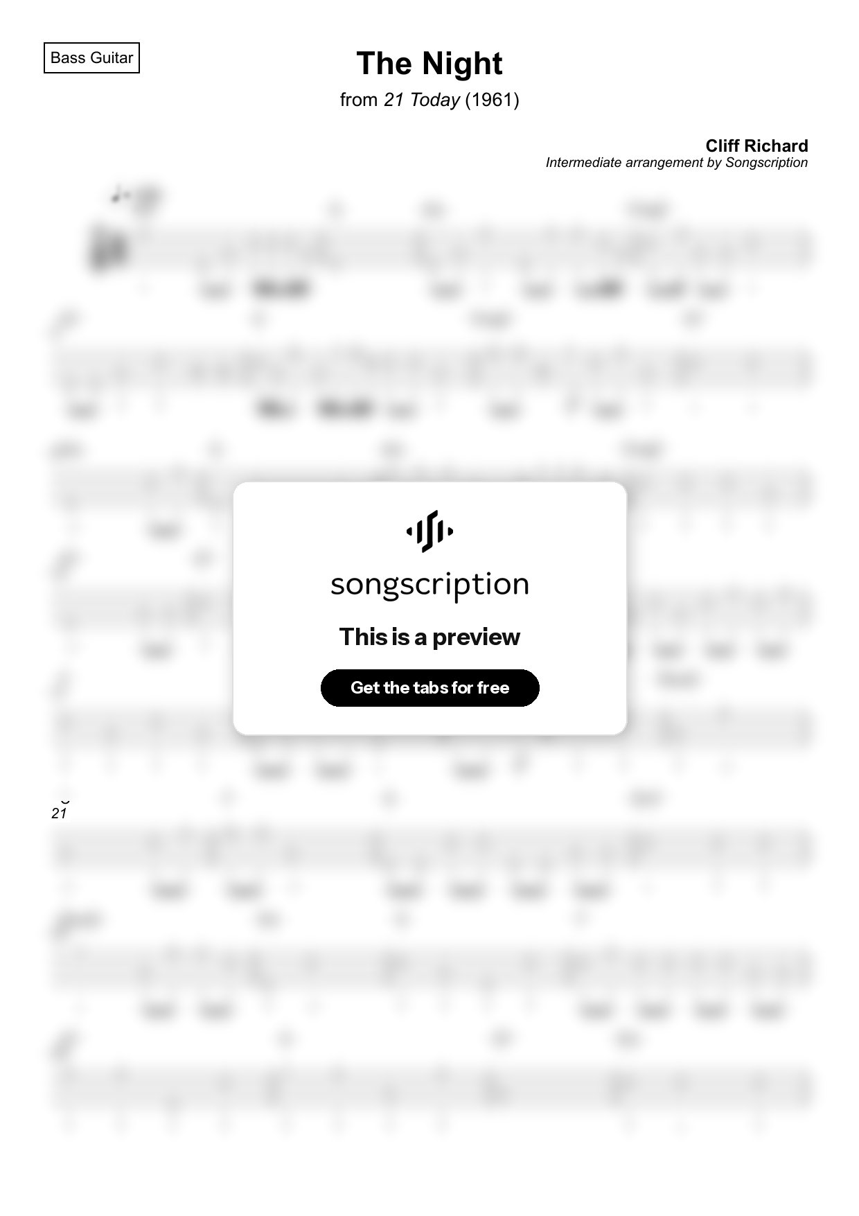 Intermediate Bass Guitar Tabs for "The Night" by Cliff Richard