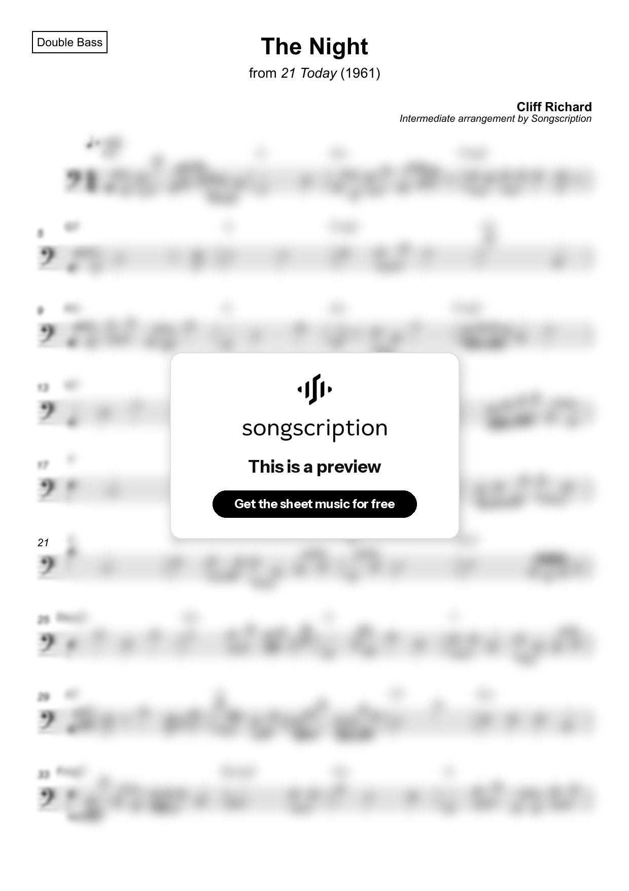 Intermediate Double Bass Sheet Music for "The Night" by Cliff Richard