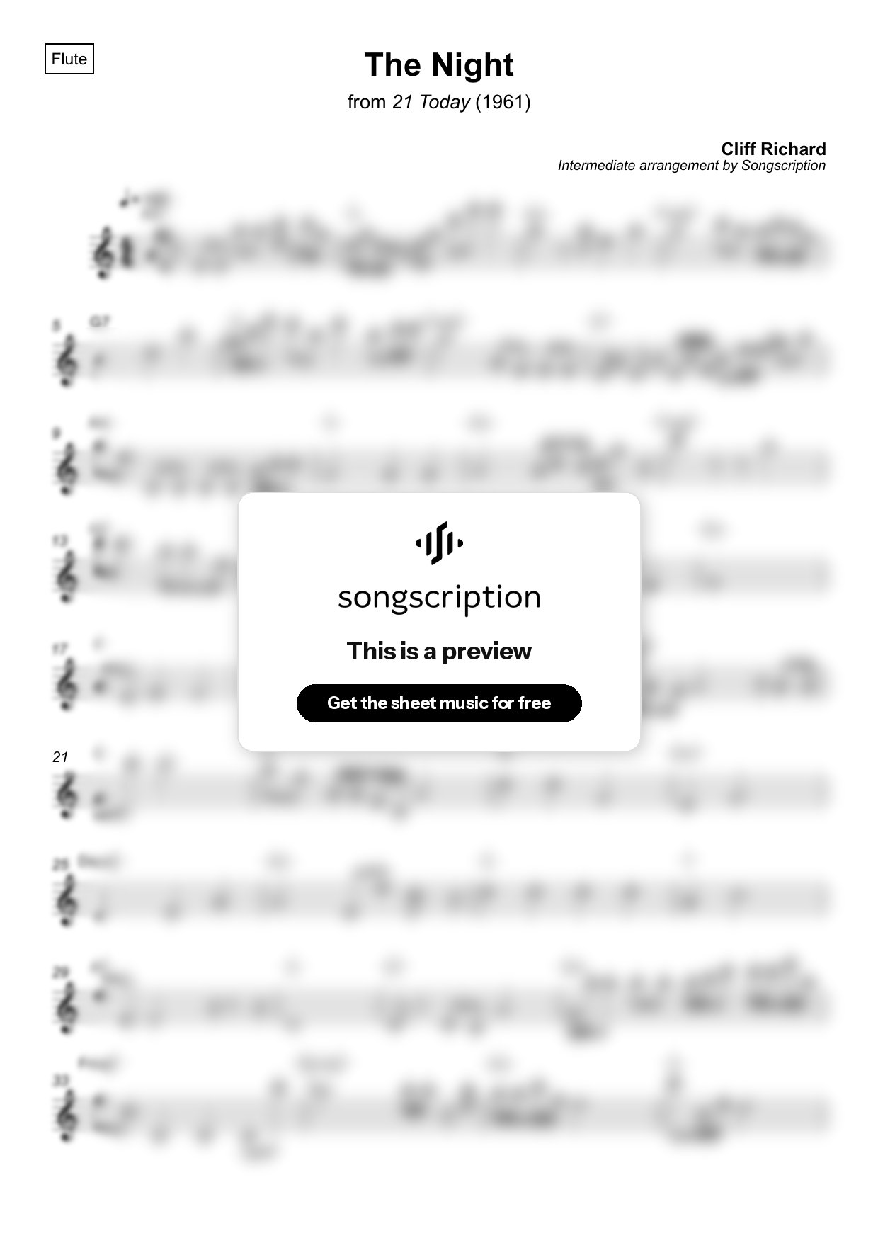 Intermediate Flute Sheet Music for "The Night" by Cliff Richard
