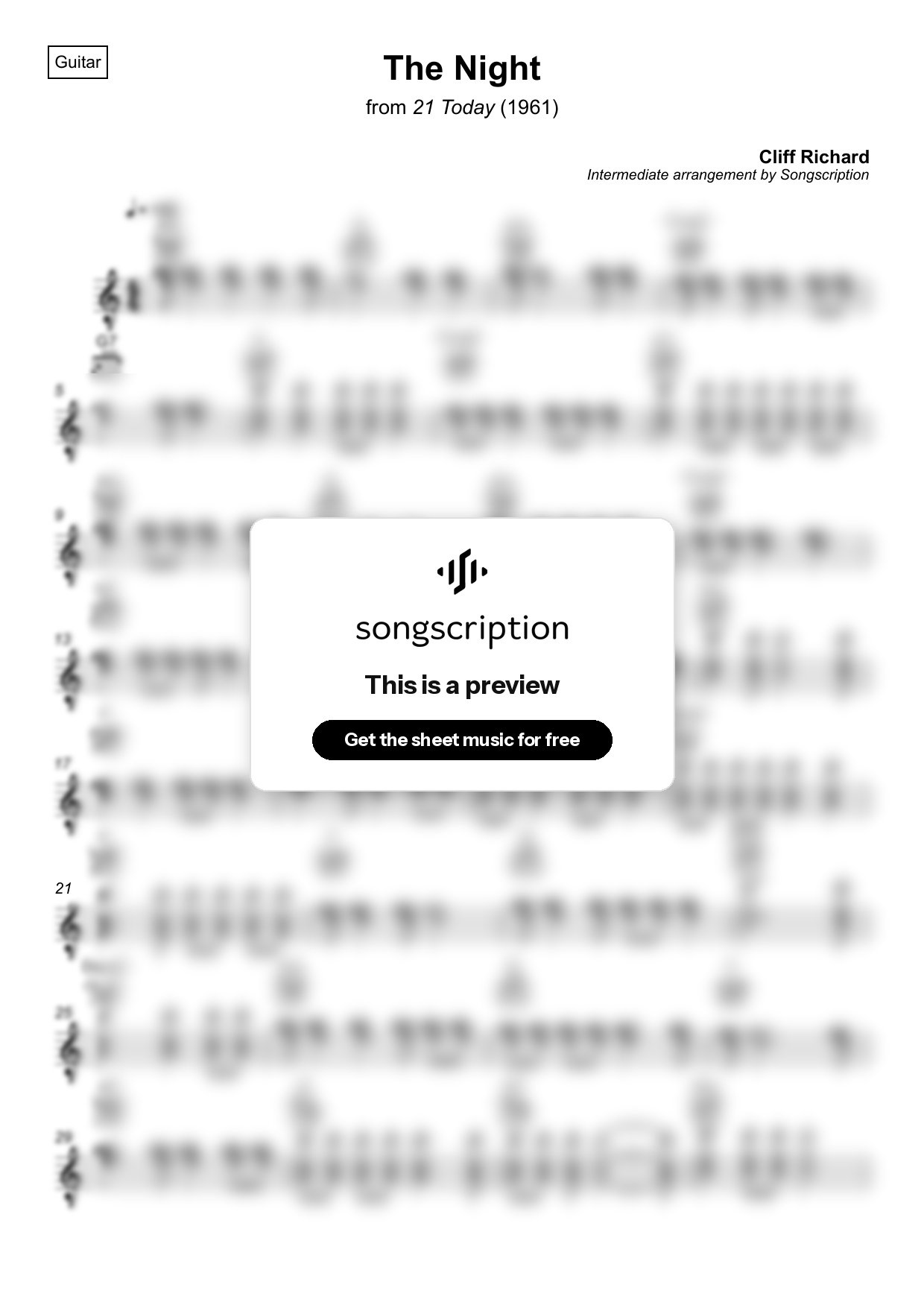 Intermediate Acoustic Guitar Sheet Music for "The Night" by Cliff Richard
