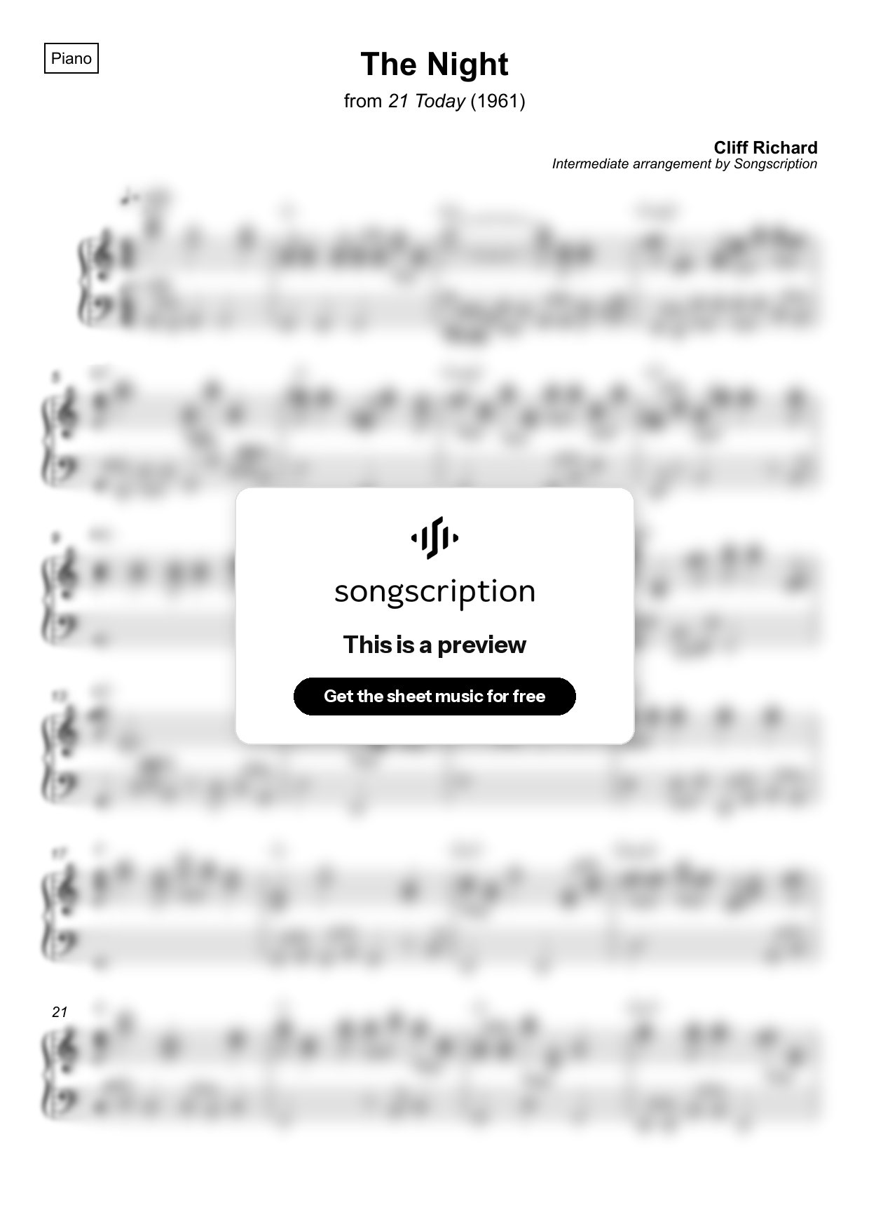 Intermediate Piano Sheet Music for "The Night" by Cliff Richard