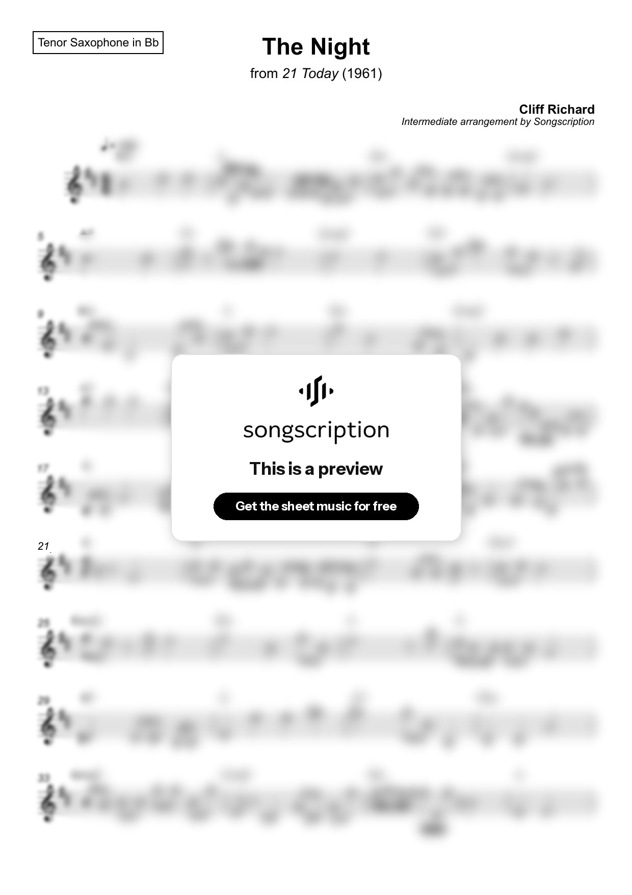 Intermediate Tenor Sax Sheet Music for "The Night" by Cliff Richard
