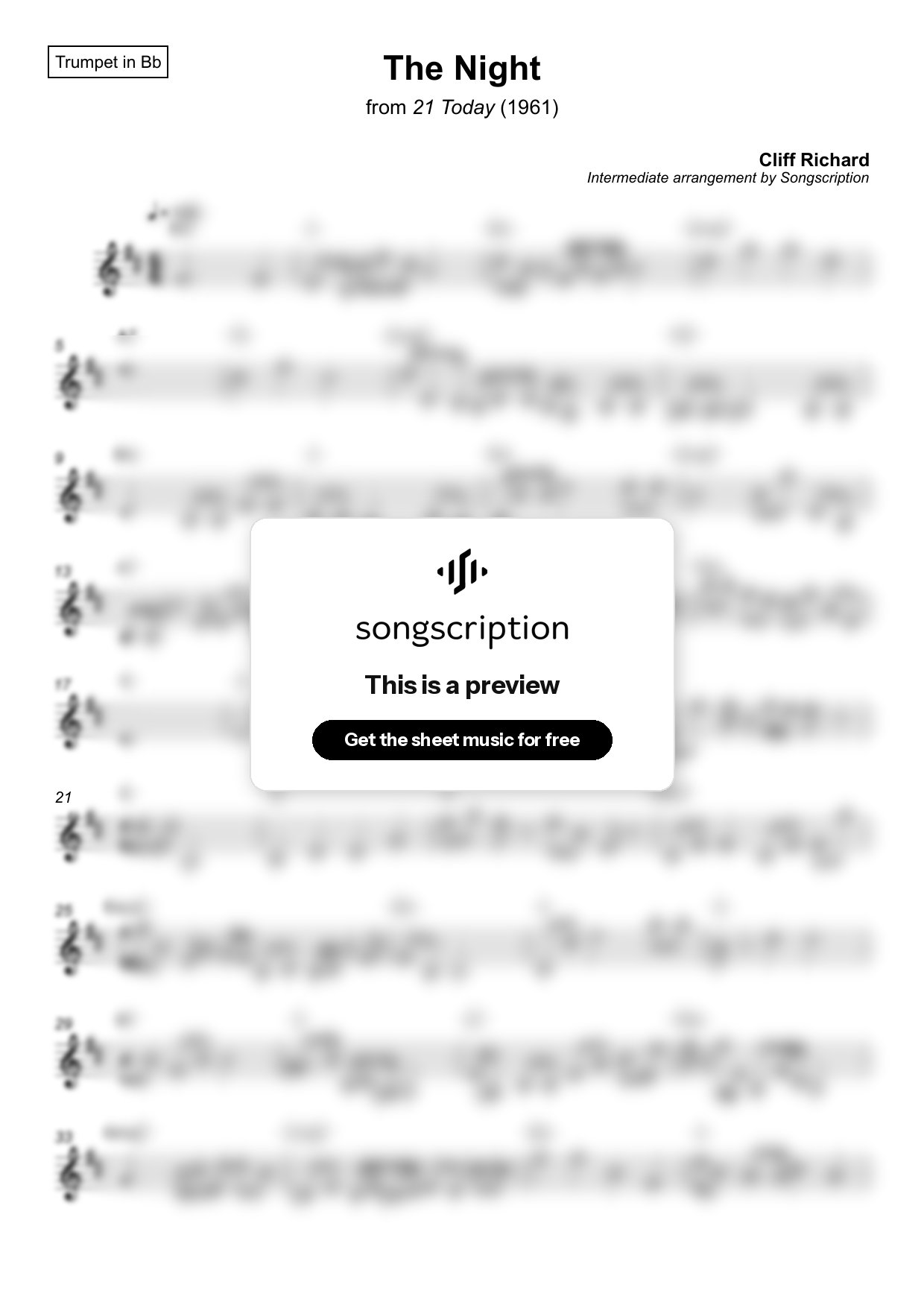 Intermediate Trumpet Sheet Music for "The Night" by Cliff Richard