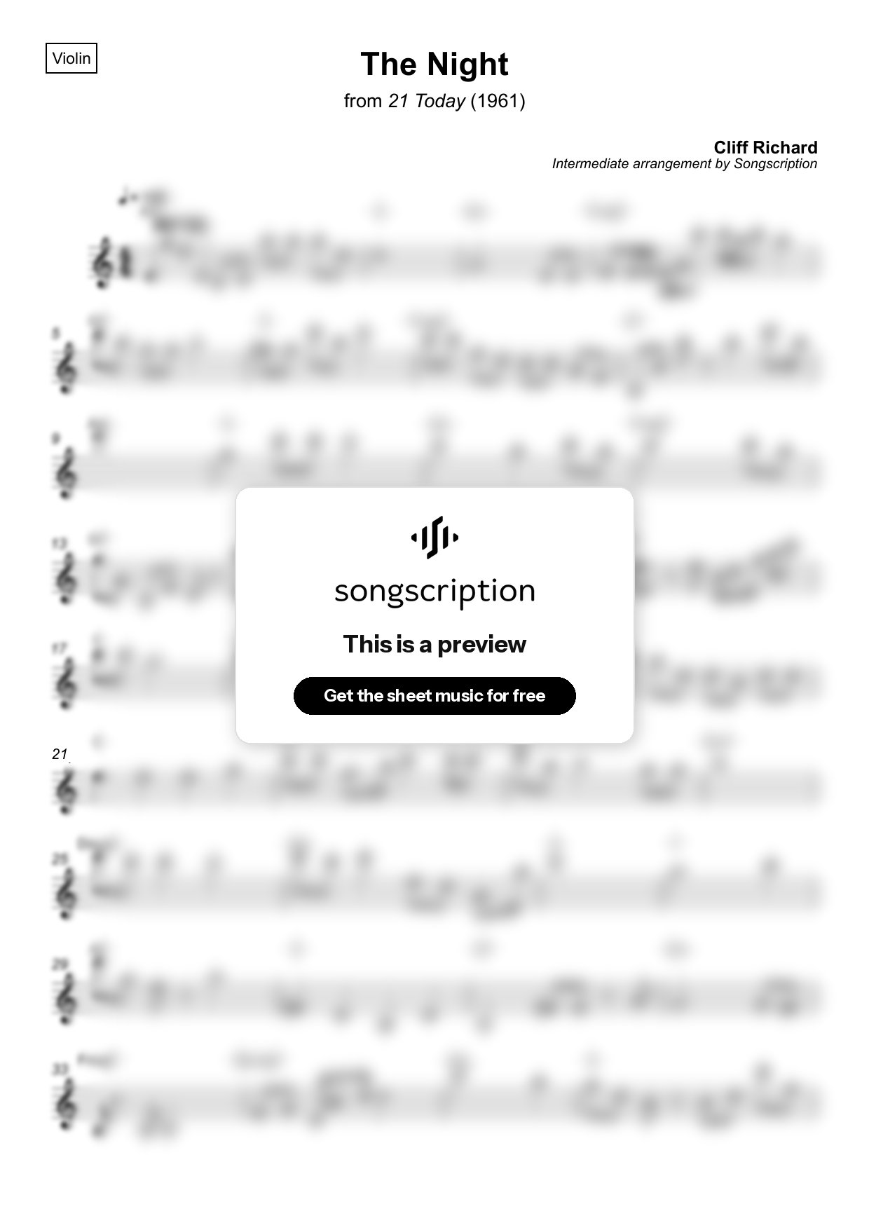 Intermediate Violin Sheet Music for "The Night" by Cliff Richard
