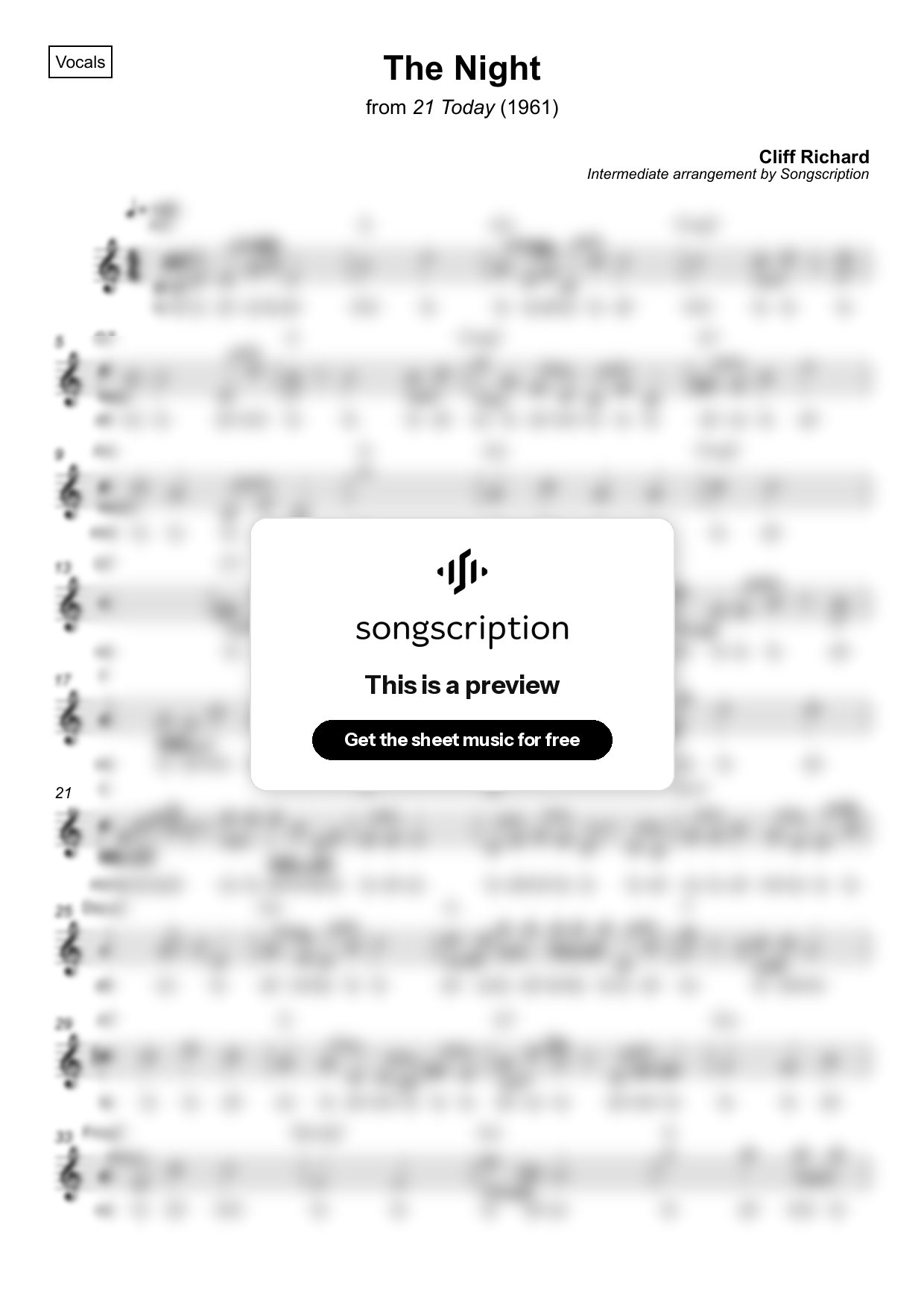 Intermediate Vocals Sheet Music for "The Night" by Cliff Richard
