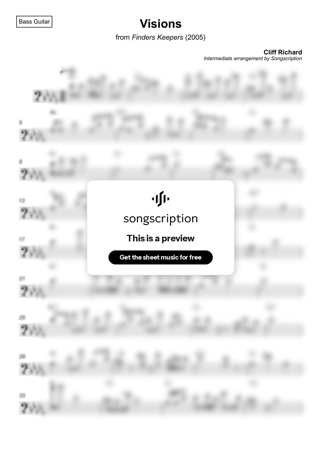 Intermediate Bass Guitar Sheet Music for "Visions" by Cliff Richard