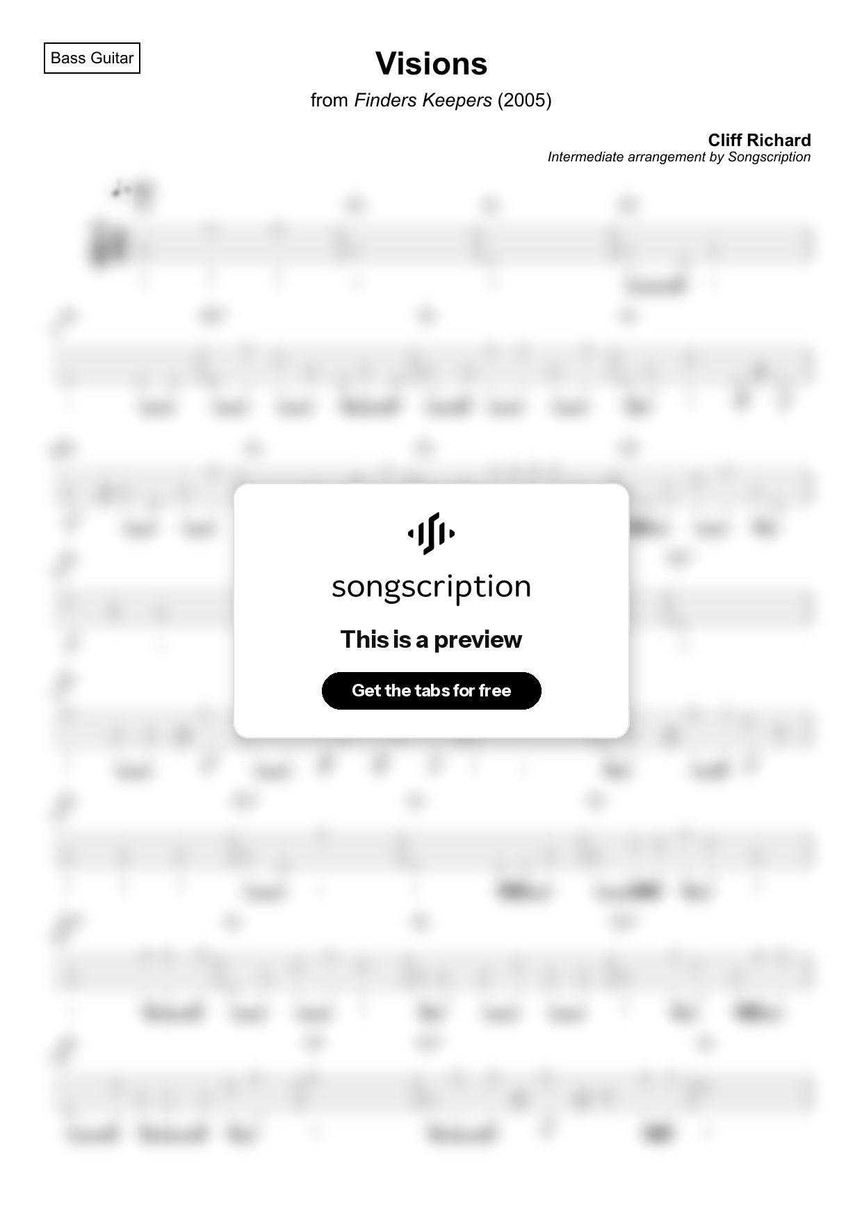 Intermediate Bass Guitar Tabs for "Visions" by Cliff Richard
