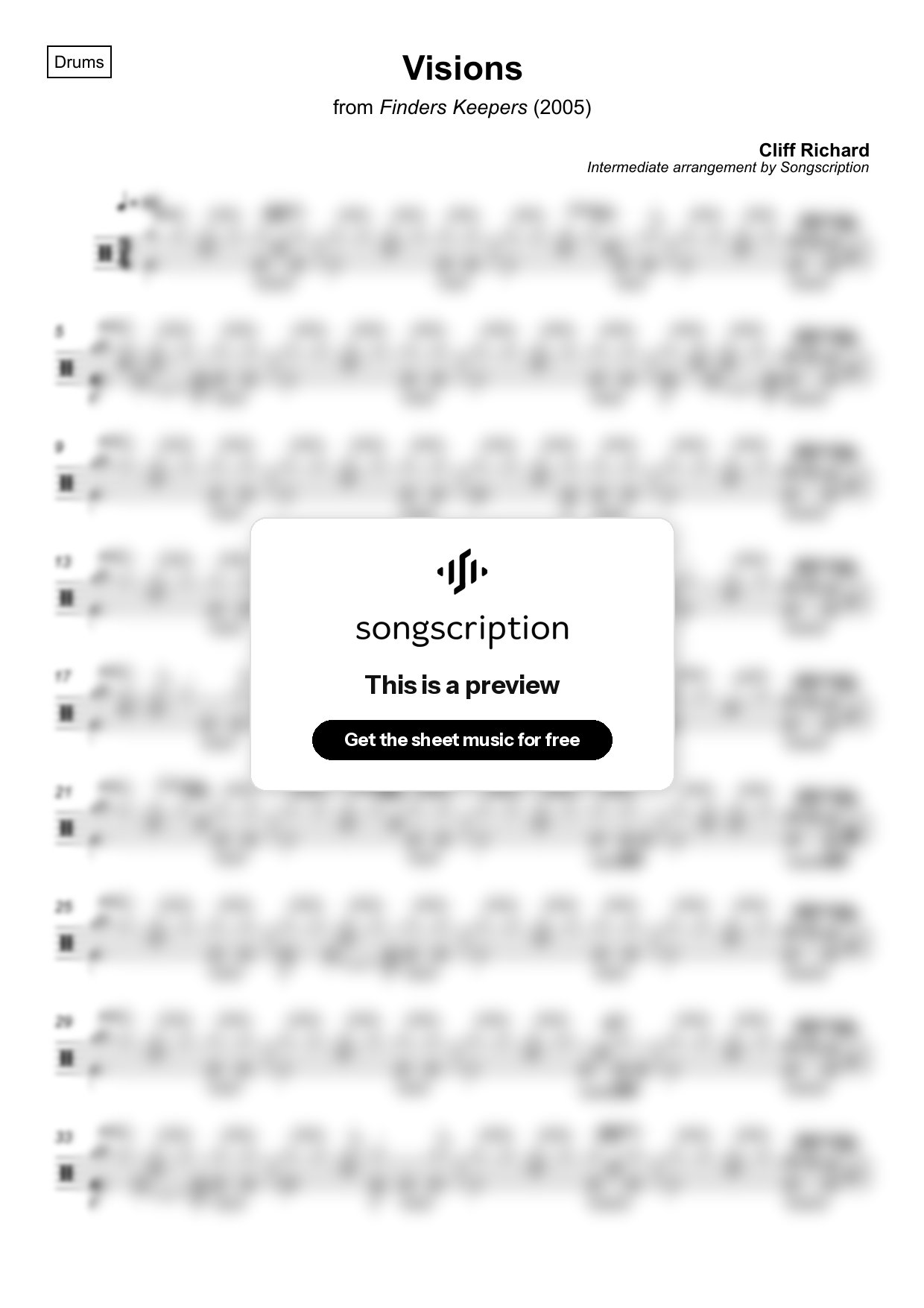 Intermediate Drums Sheet Music for "Visions" by Cliff Richard