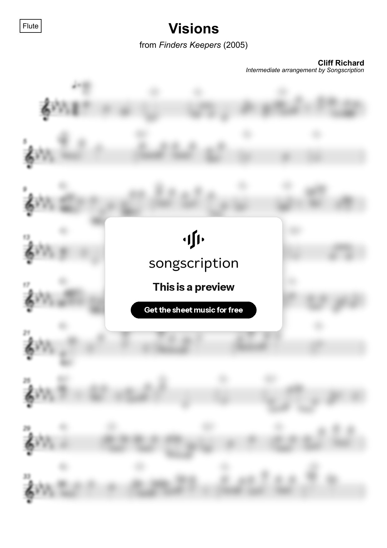 Intermediate Flute Sheet Music for "Visions" by Cliff Richard