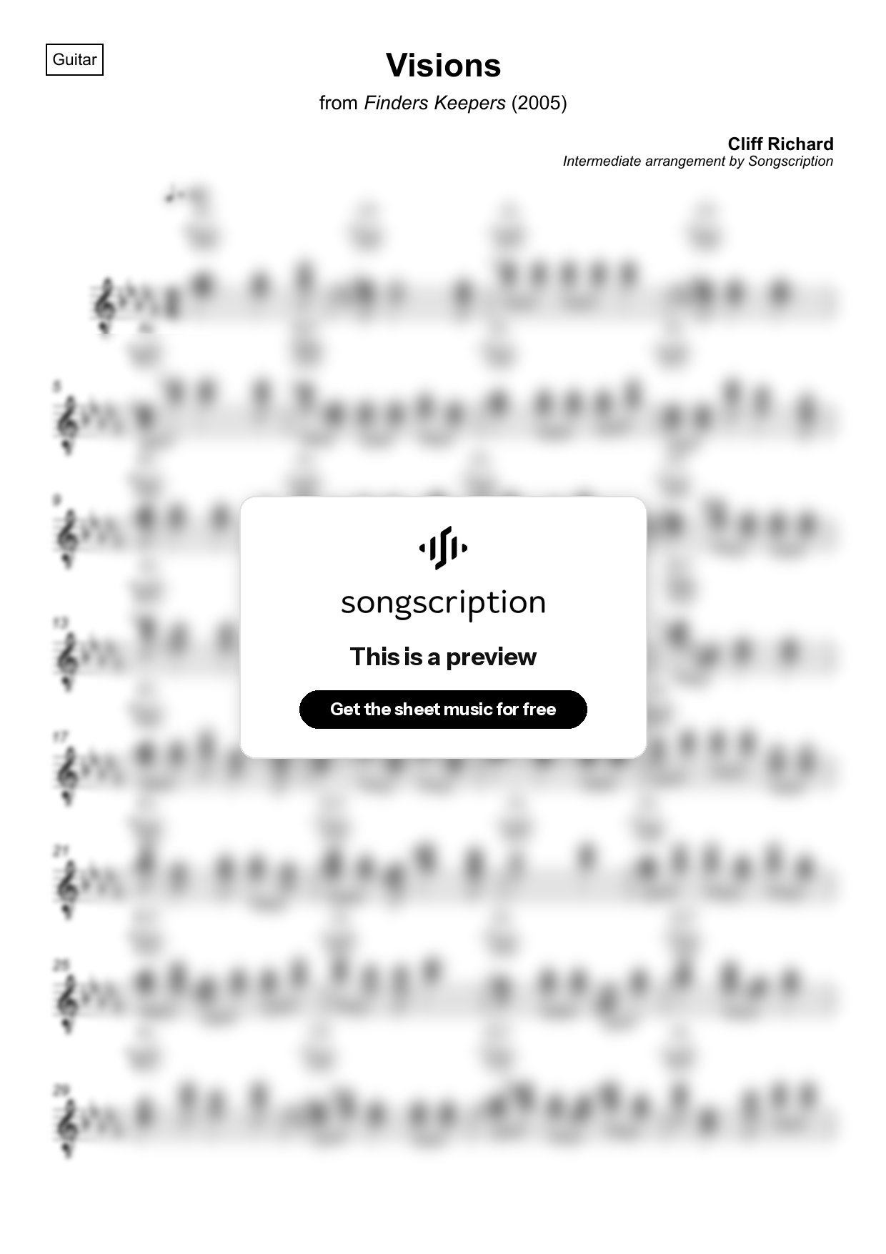 Intermediate Acoustic Guitar Sheet Music for "Visions" by Cliff Richard
